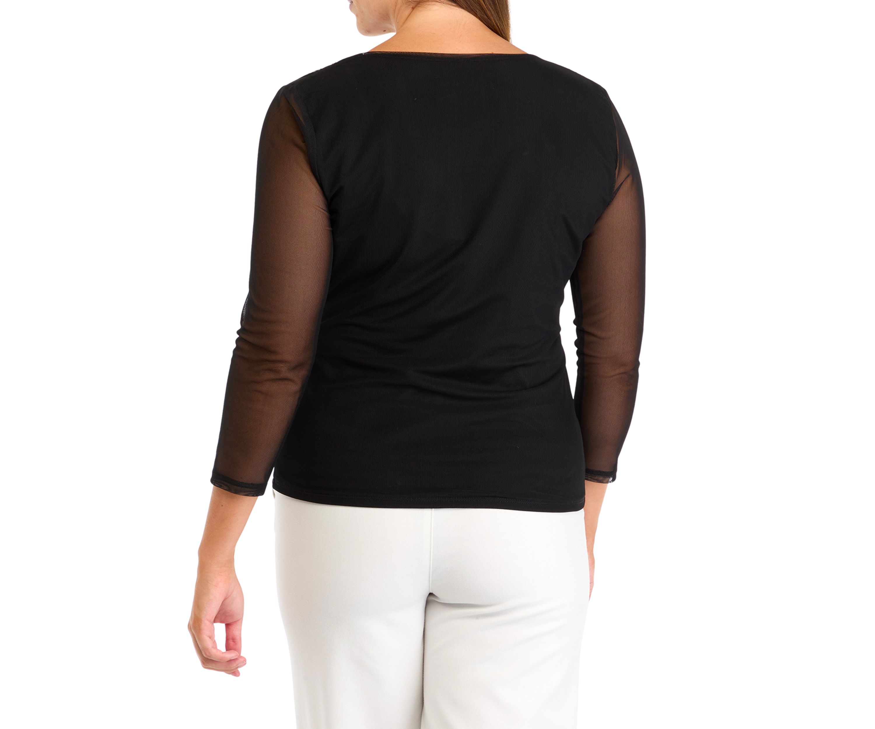 Womens 3/4 Mesh Sleeve Surplice Knit Top