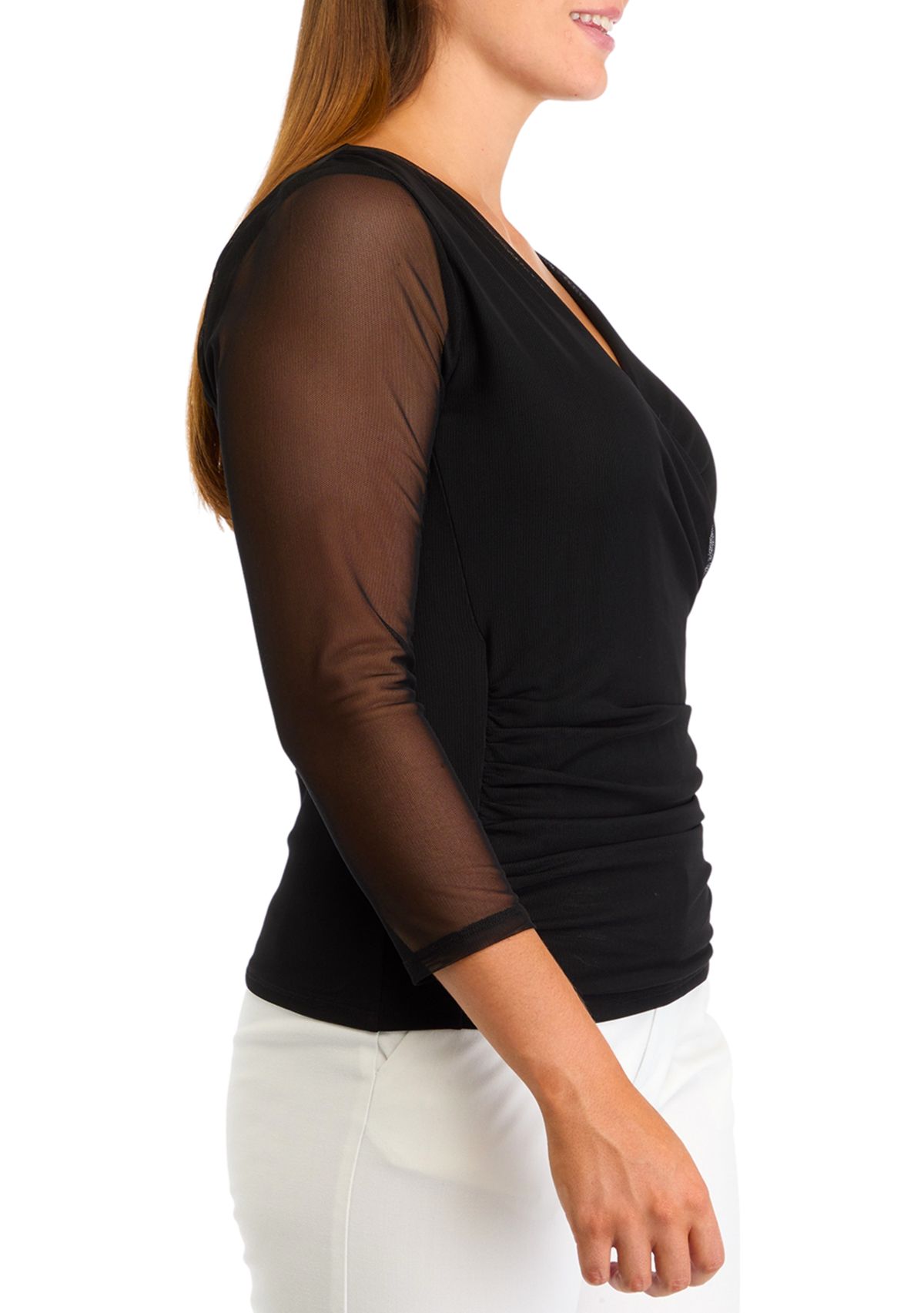 Womens 3/4 Mesh Sleeve Surplice Knit Top