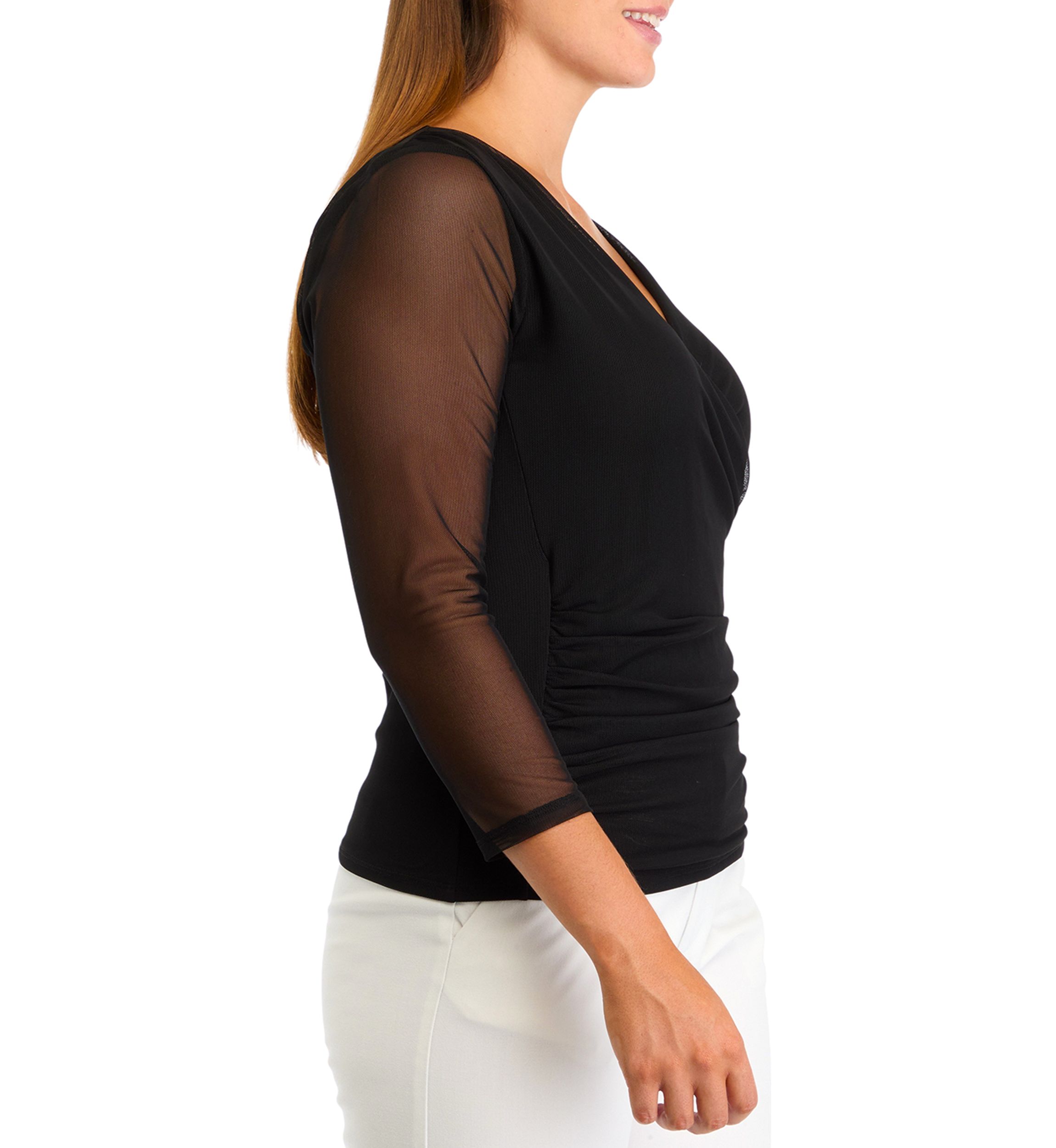 Womens 3/4 Mesh Sleeve Surplice Knit Top