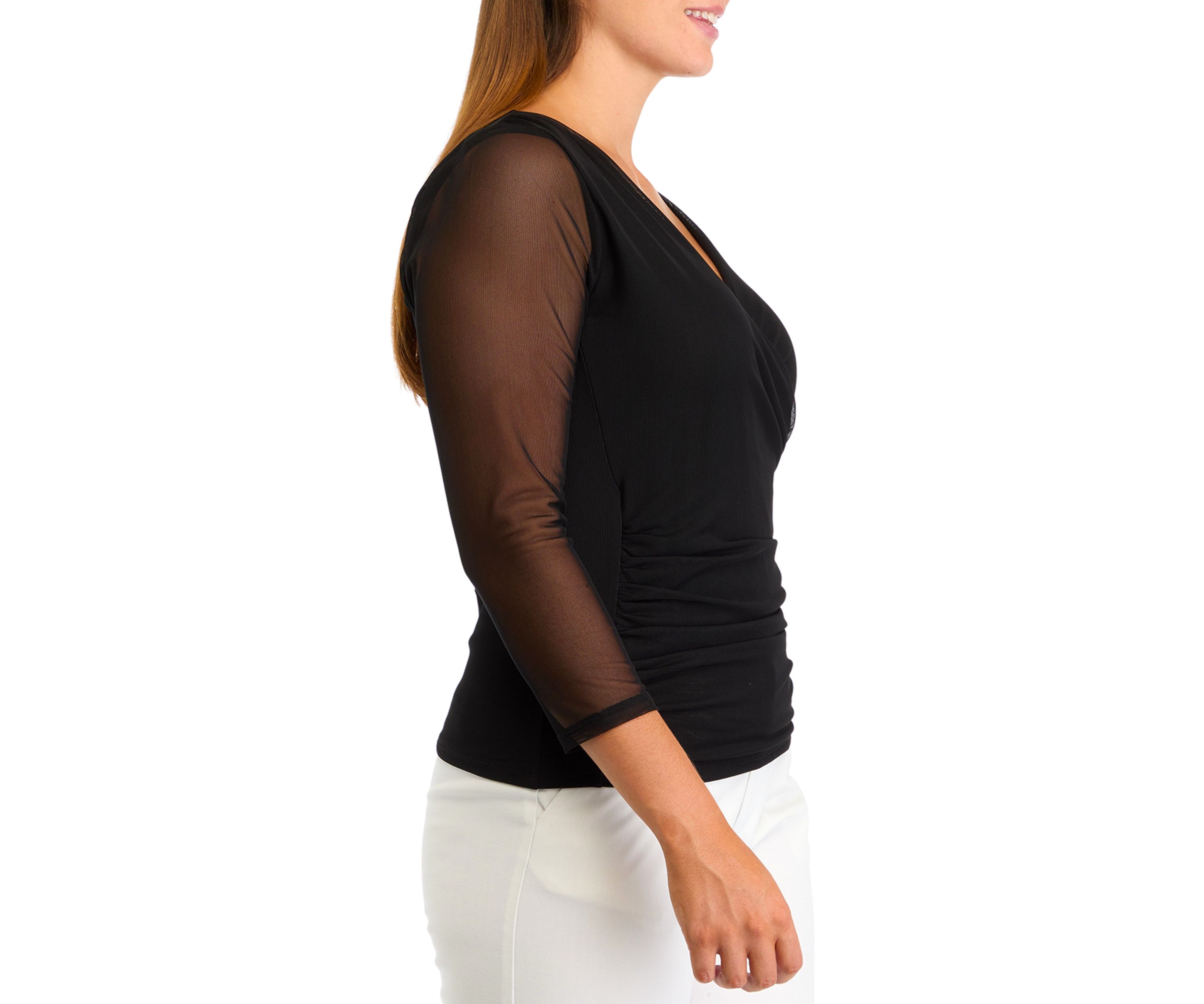 Womens 3/4 Mesh Sleeve Surplice Knit Top