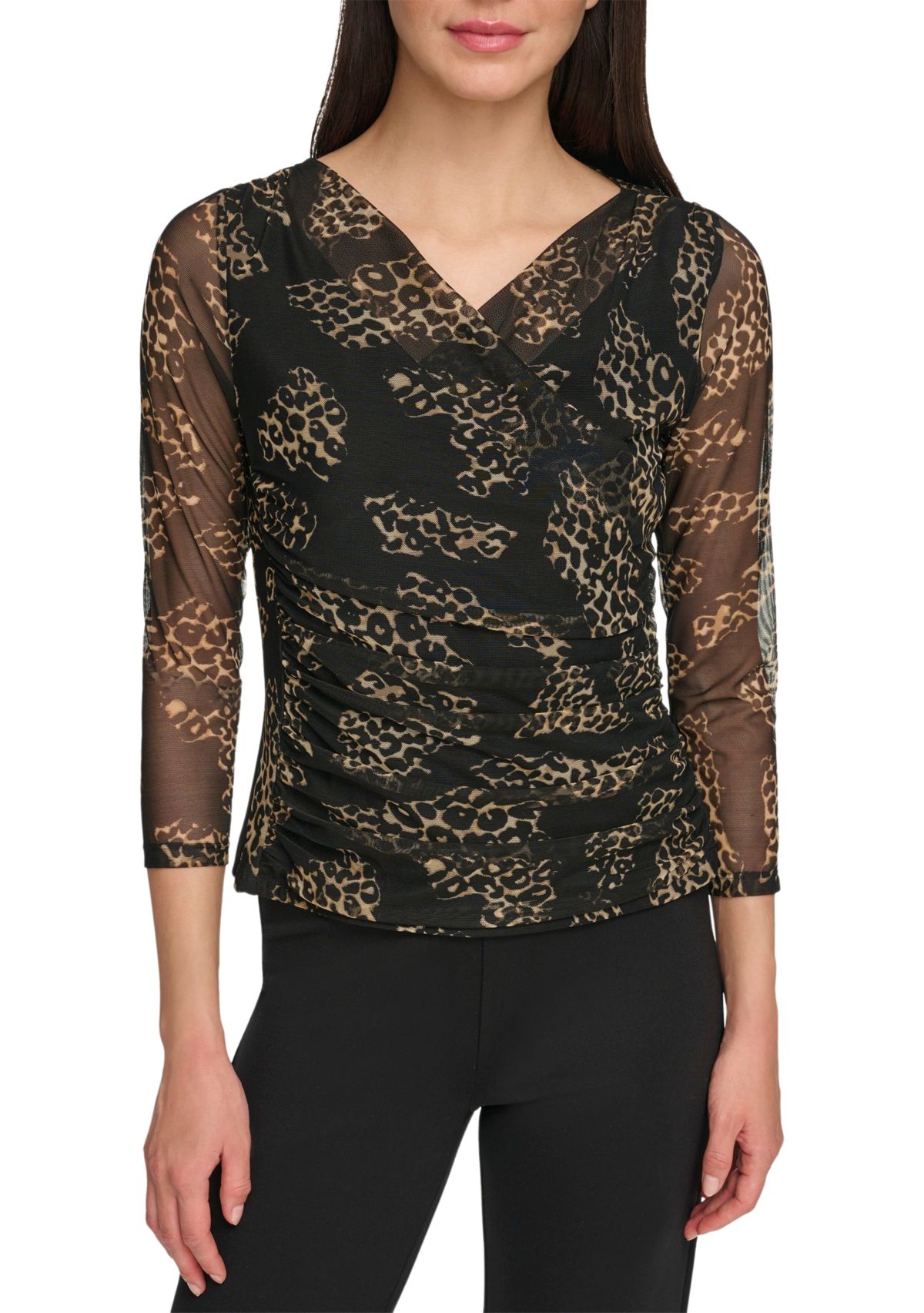 Womens Long Sleeve Printed Mesh Wrap Top