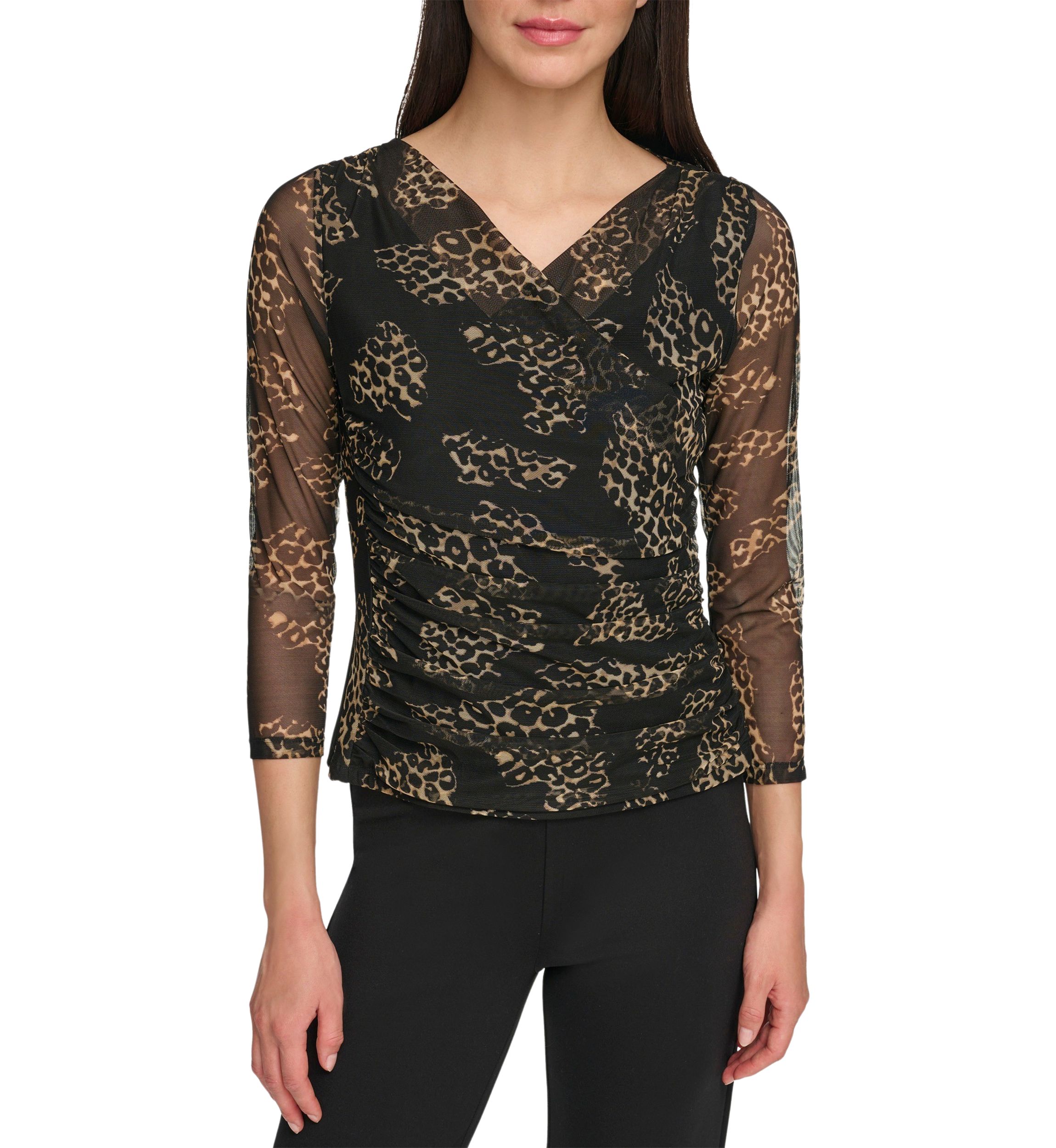 Womens Long Sleeve Printed Mesh Wrap Top