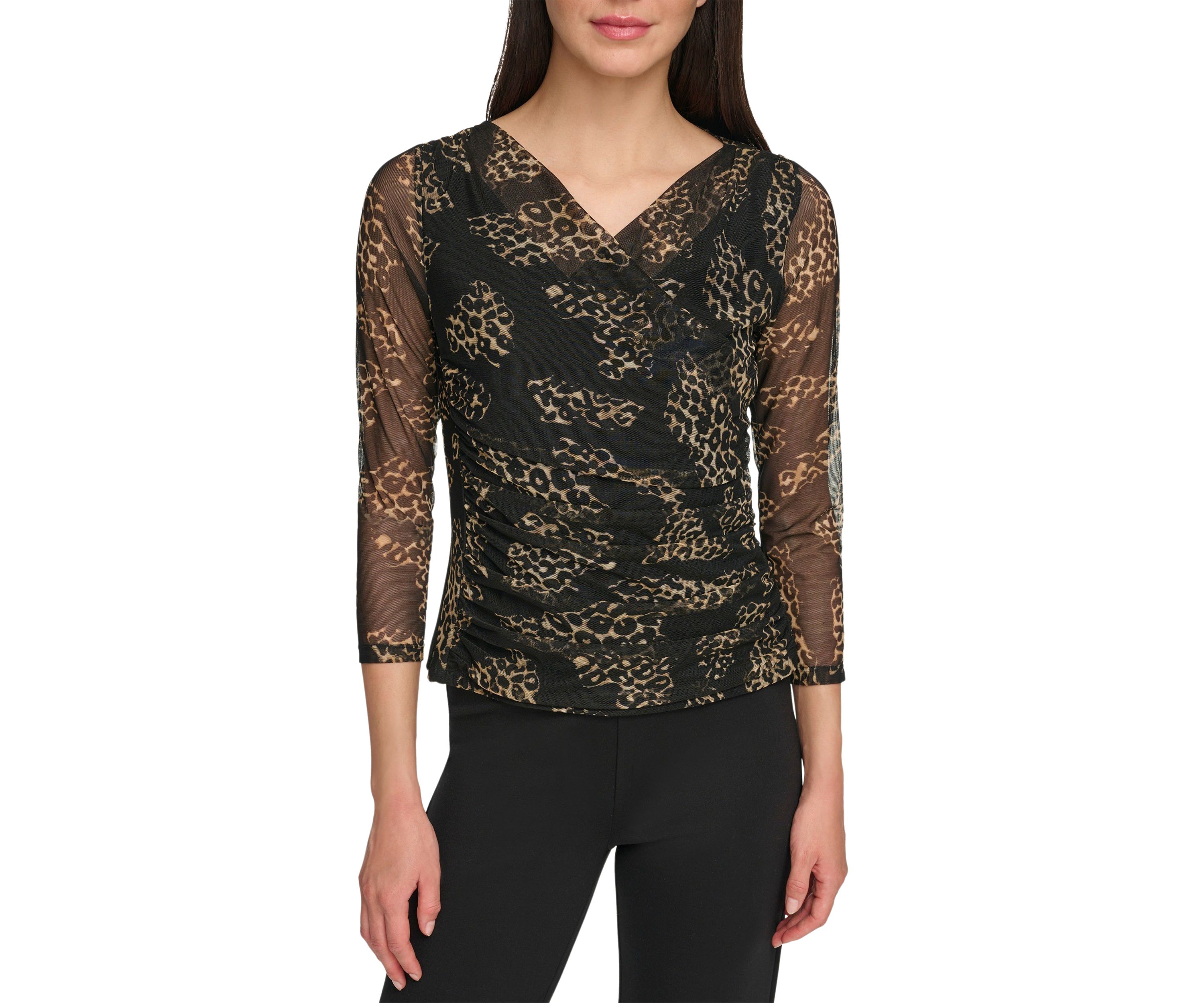 Womens Long Sleeve Printed Mesh Wrap Top