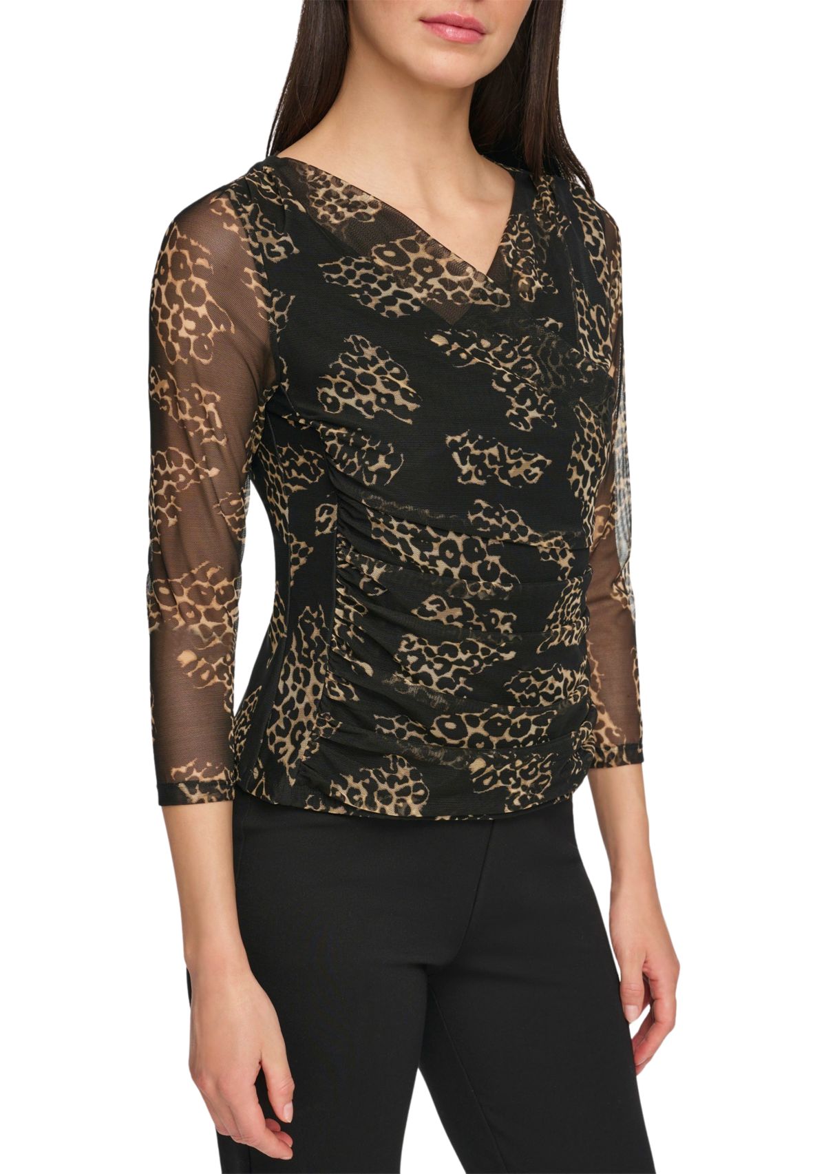 Womens Long Sleeve Printed Mesh Wrap Top