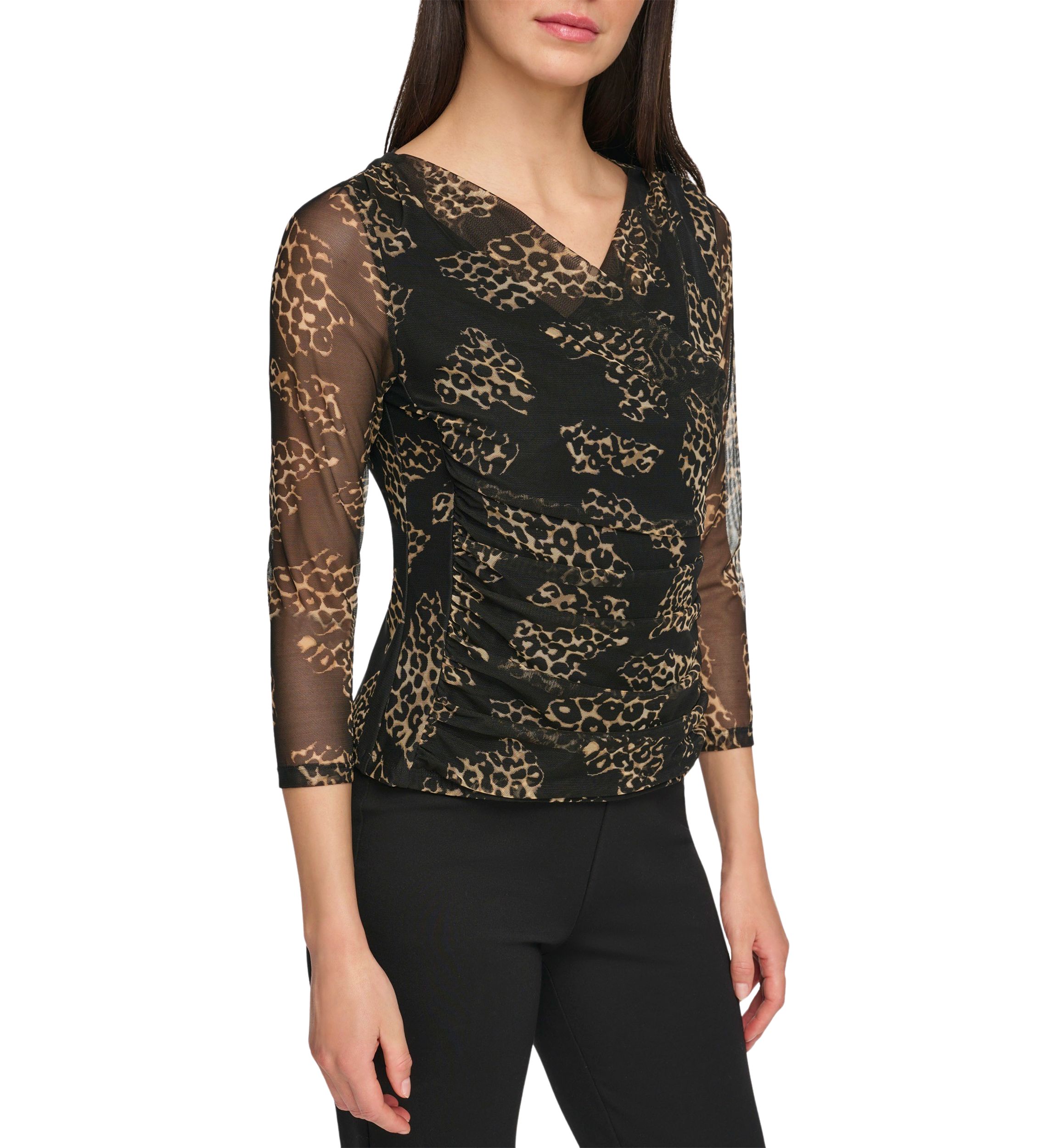 Womens Long Sleeve Printed Mesh Wrap Top