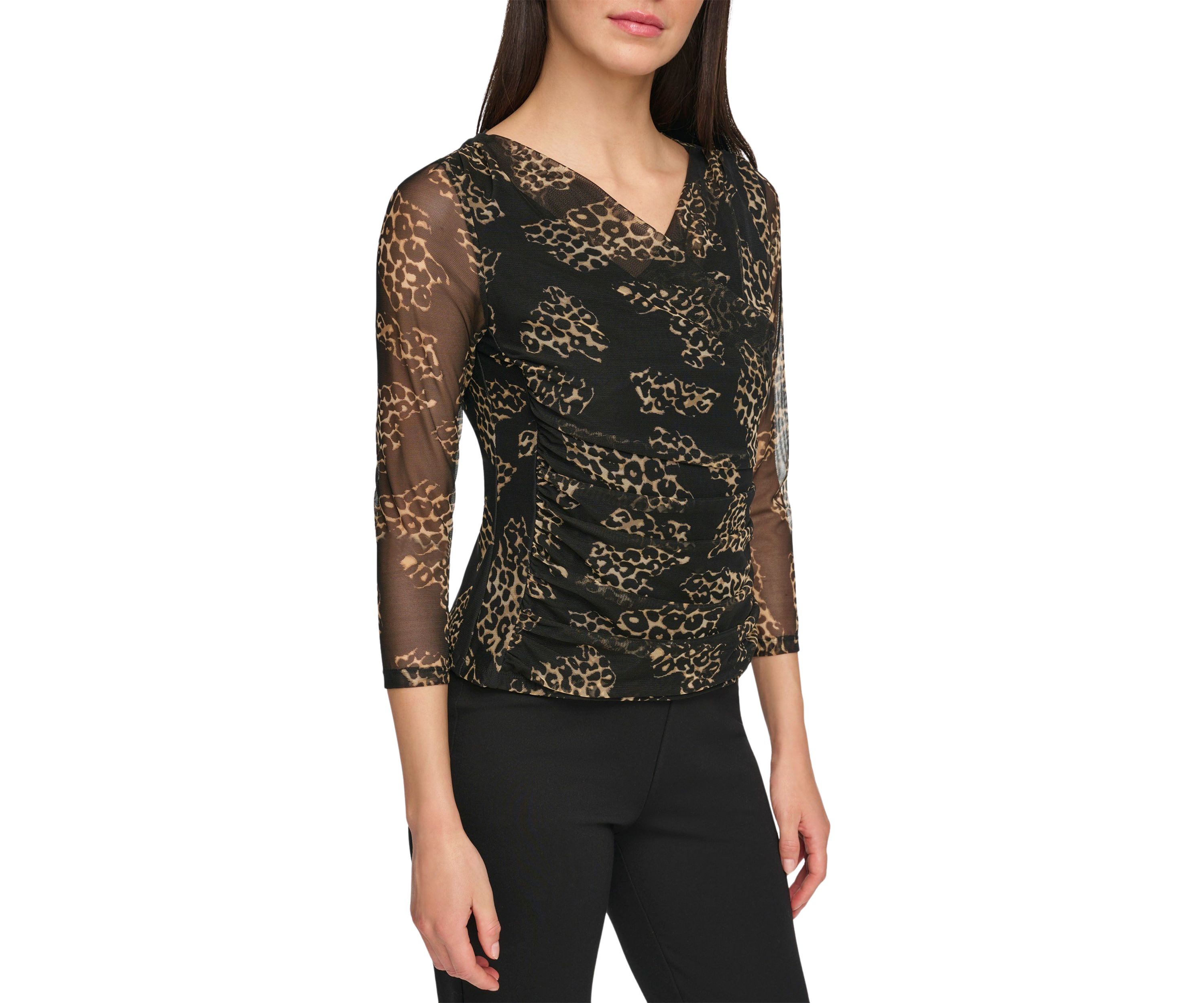 Womens Long Sleeve Printed Mesh Wrap Top