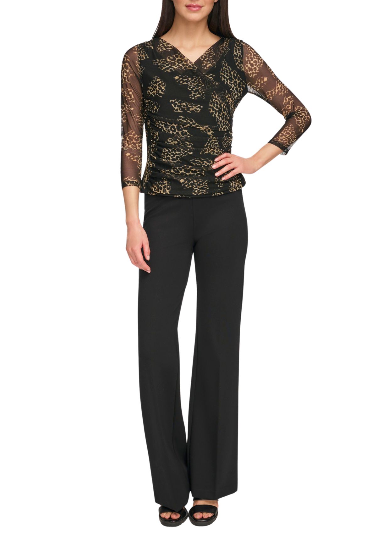 Womens Long Sleeve Printed Mesh Wrap Top