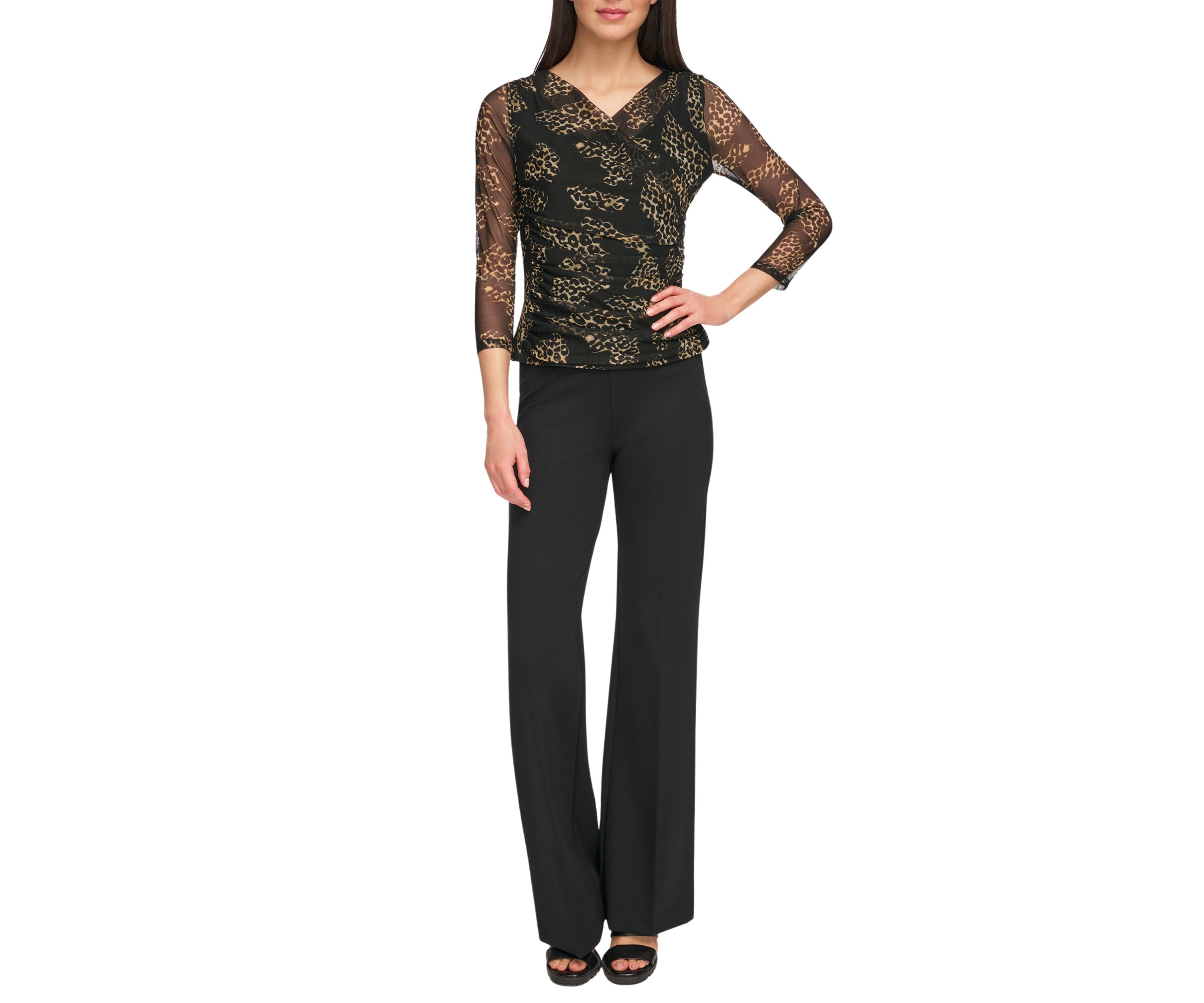 Womens Long Sleeve Printed Mesh Wrap Top