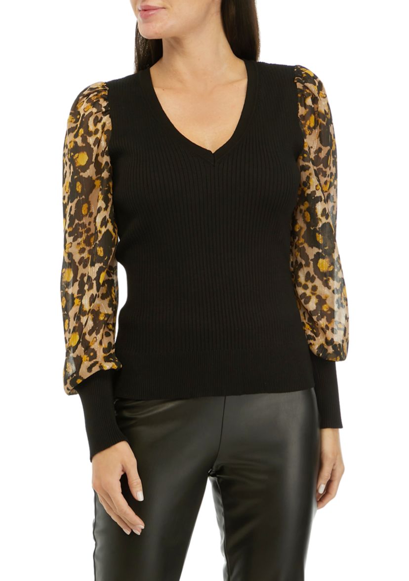 Womens Animal Printed Chiffon Sleeve Sweater