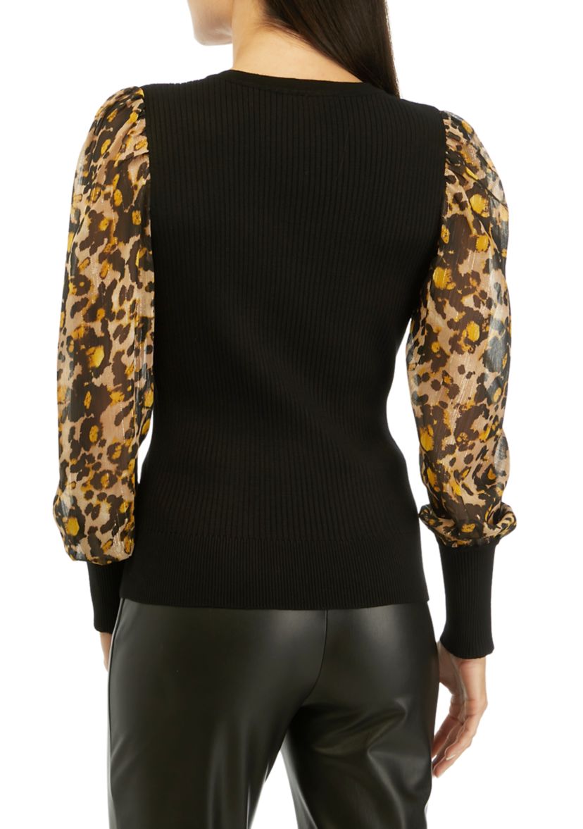Womens Animal Printed Chiffon Sleeve Sweater