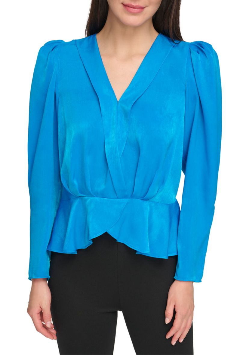 Womens Long Sleeve Solid Twist Front Blouse