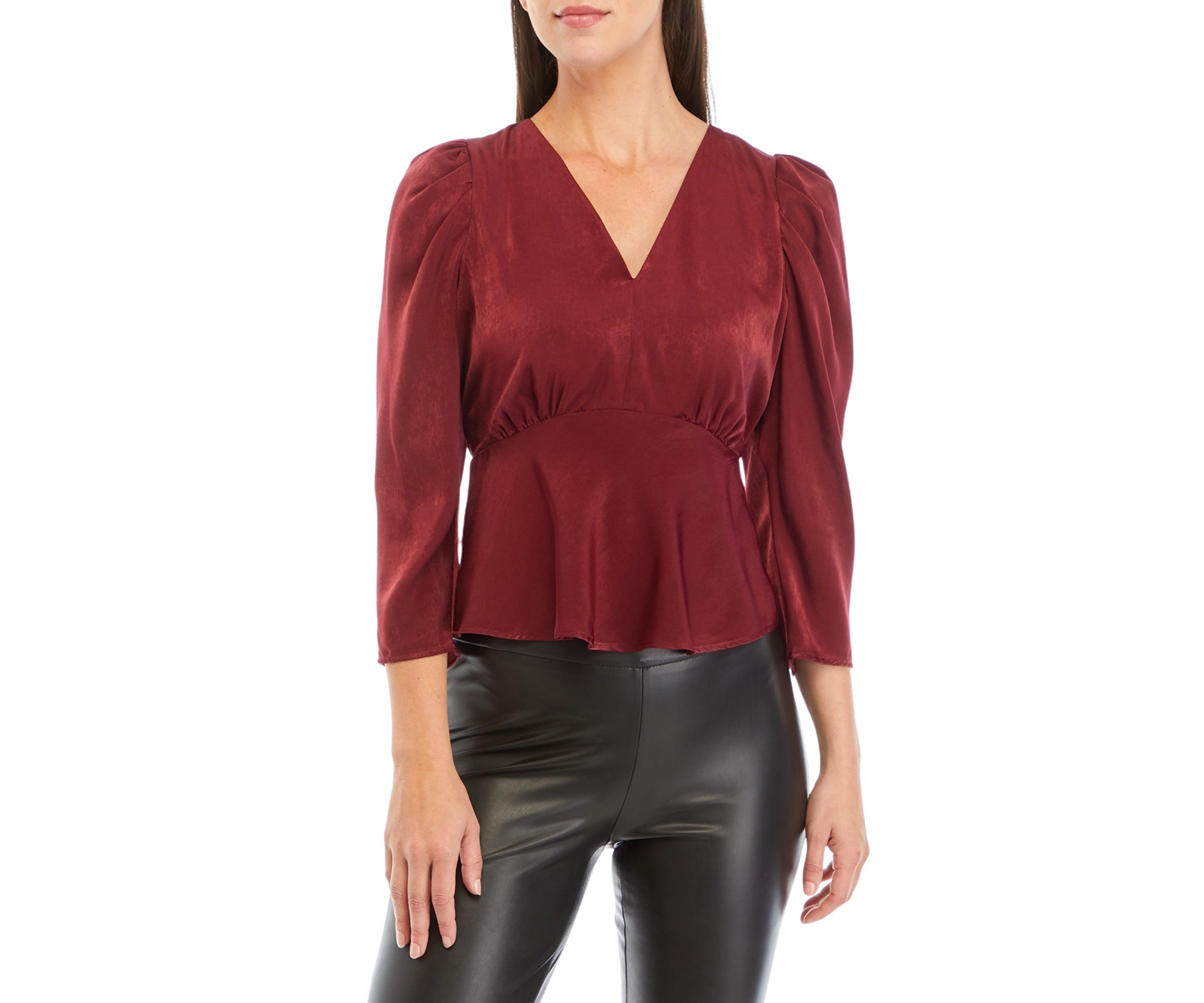 Womens 3/4 Sleeve V-Neck Peplum Satin Blouse