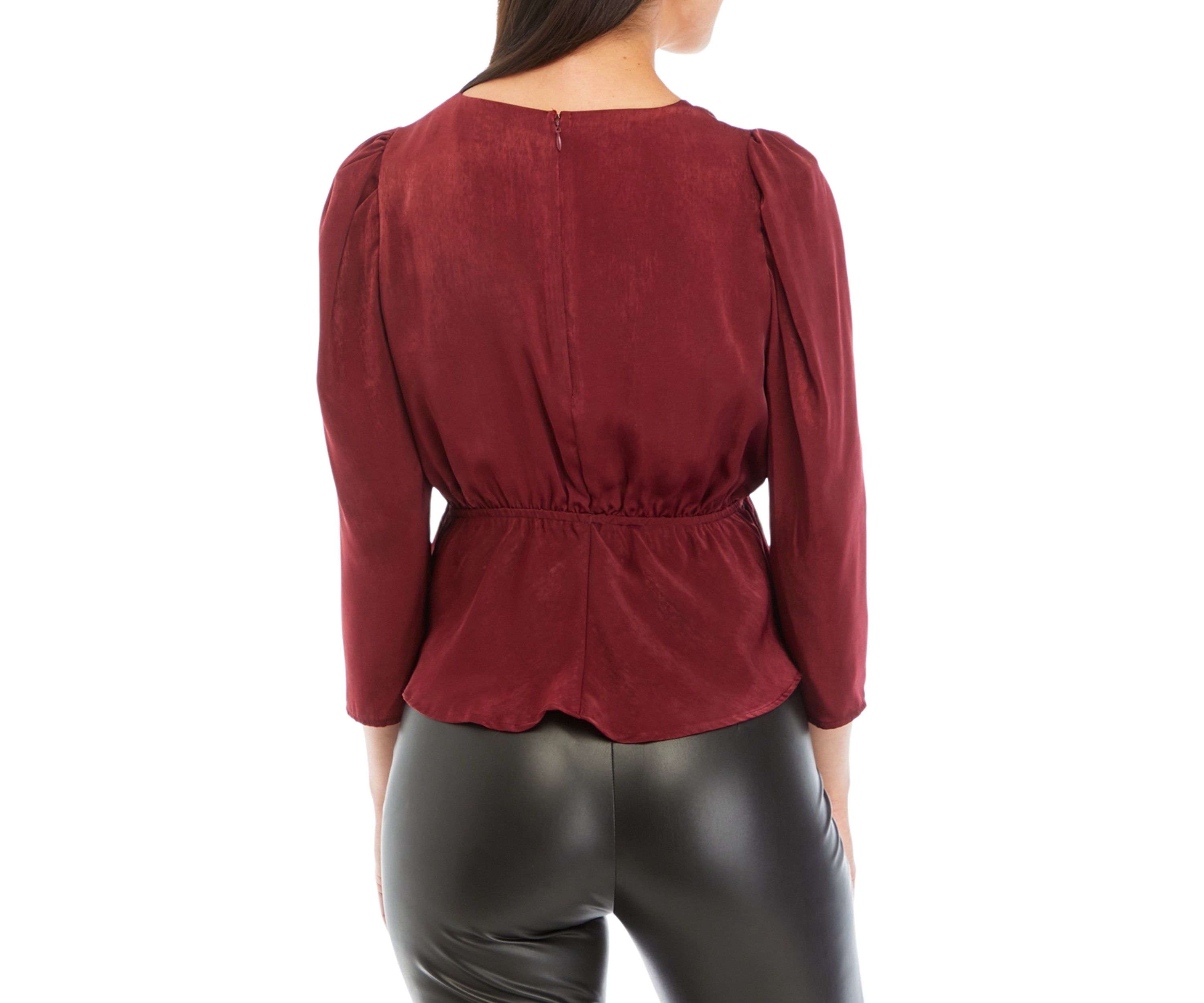 Womens 3/4 Sleeve V-Neck Peplum Satin Blouse