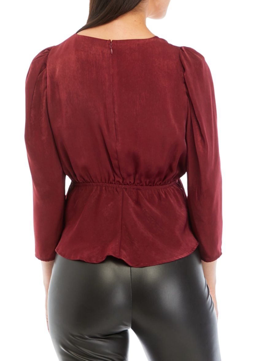 Womens 3/4 Sleeve V-Neck Peplum Satin Blouse