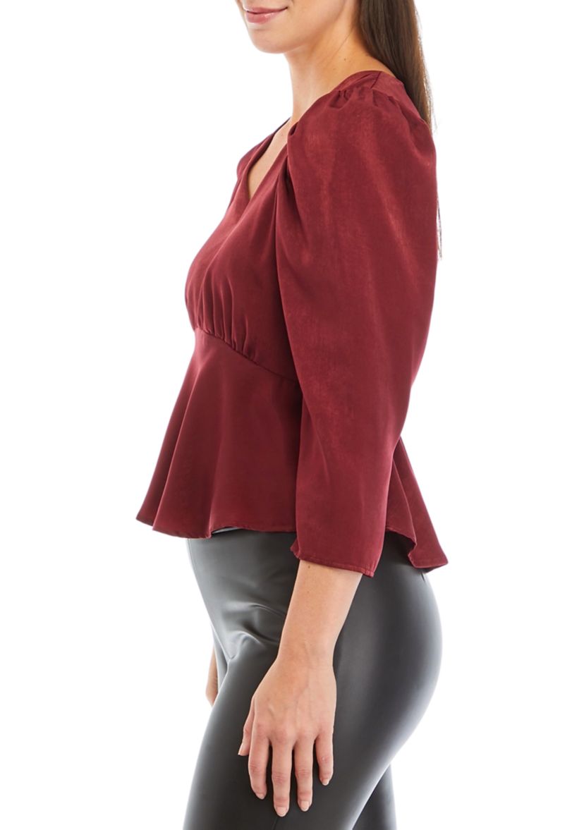 Womens 3/4 Sleeve V-Neck Peplum Satin Blouse