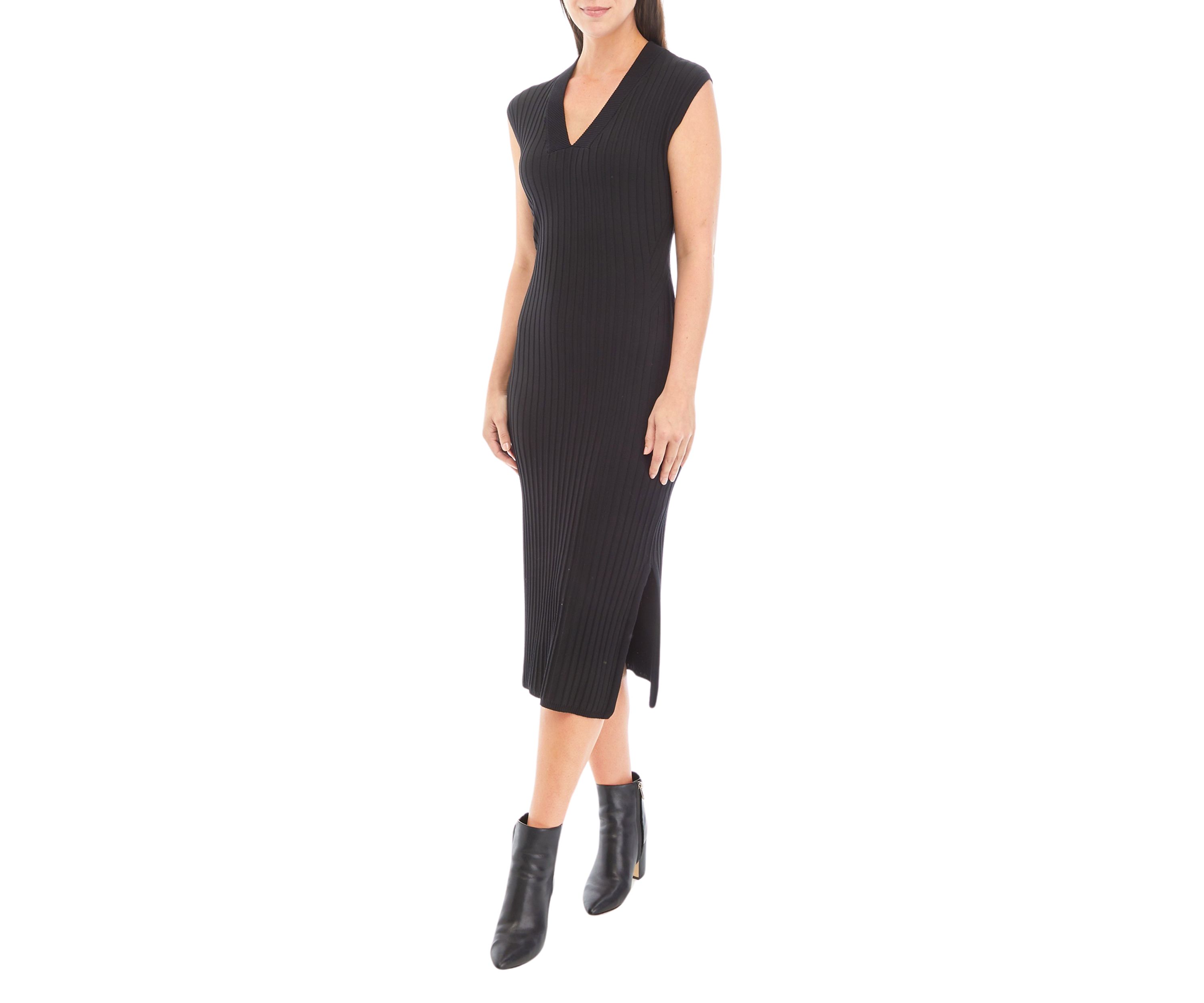Womens Sleeveless V-Neck Wide Rib Sweater Dress