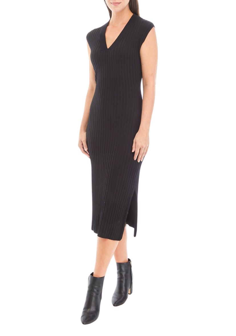 Womens Sleeveless V-Neck Wide Rib Sweater Dress
