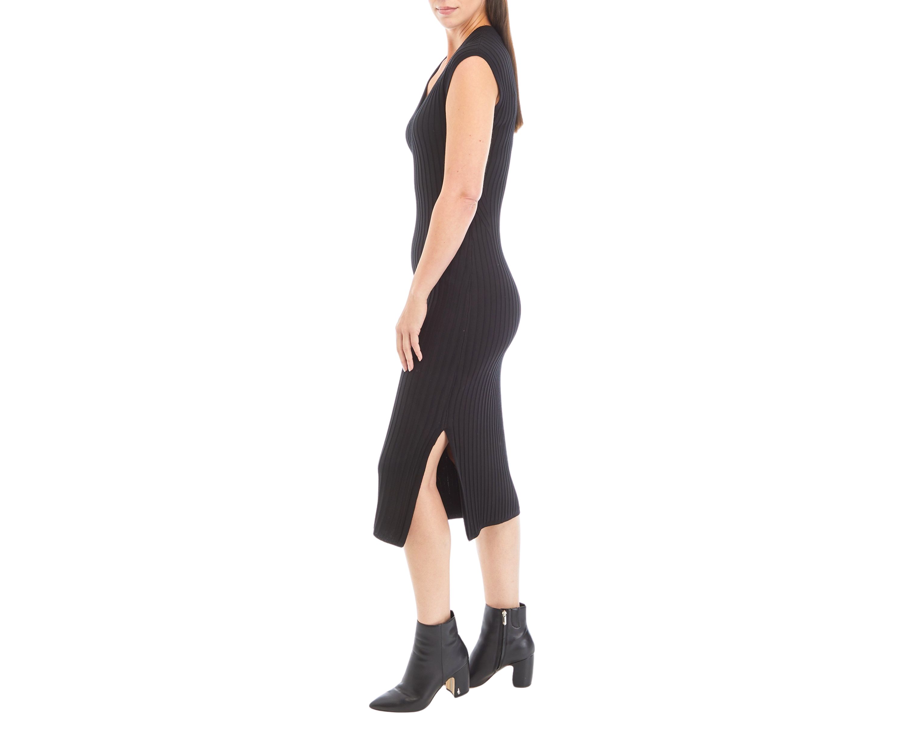 Womens Sleeveless V-Neck Wide Rib Sweater Dress