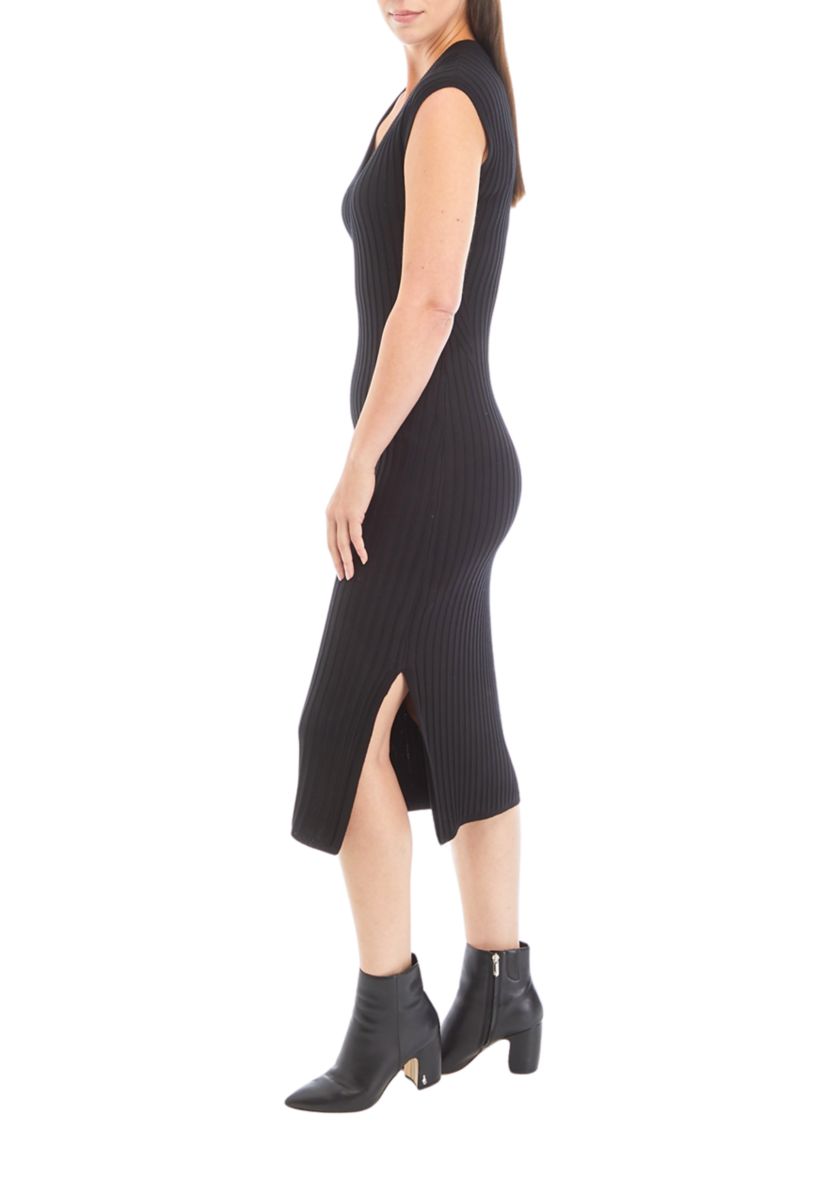 Womens Sleeveless V-Neck Wide Rib Sweater Dress
