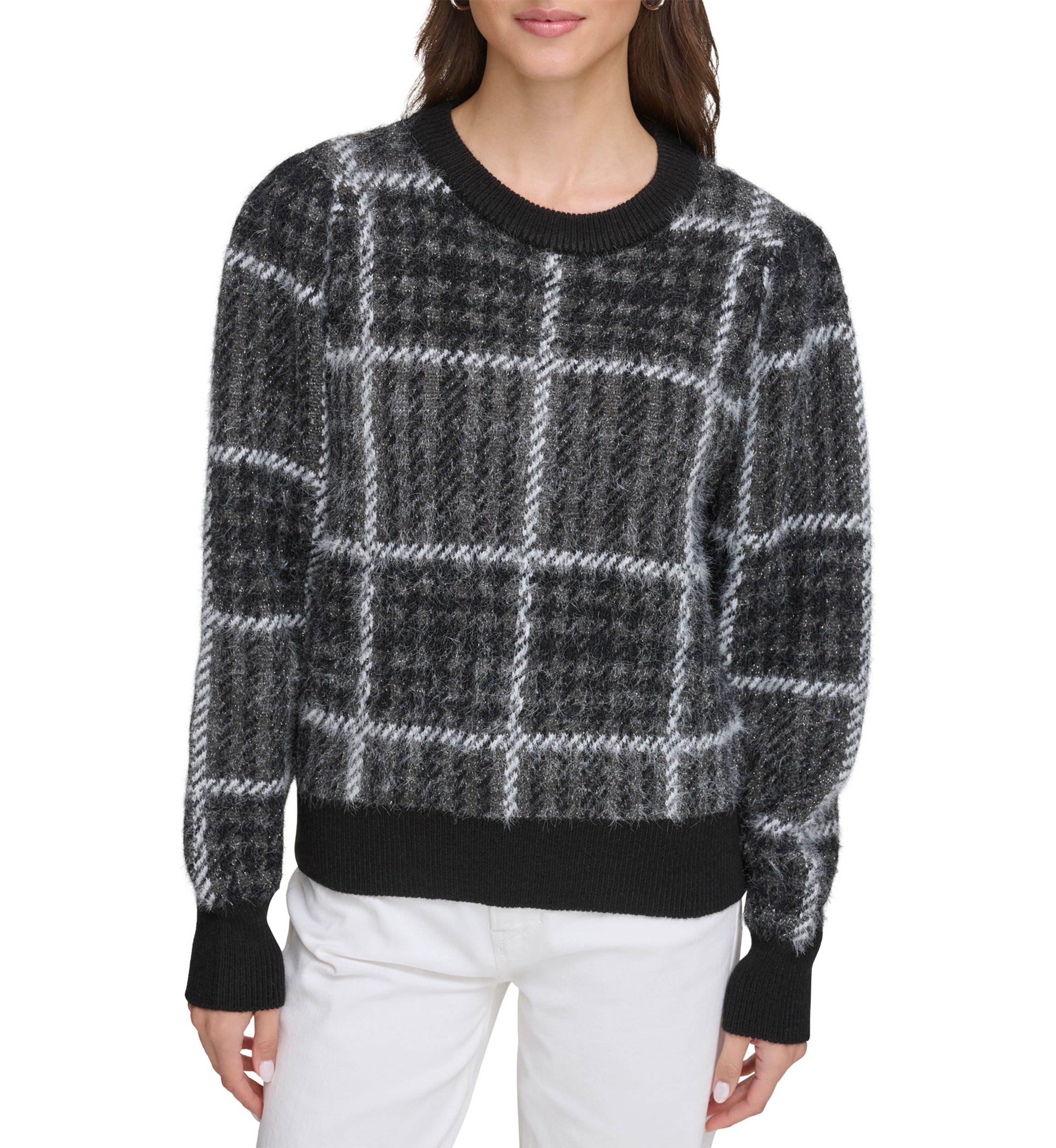 Womens Long Blouson Sleeve Plaid Sweater