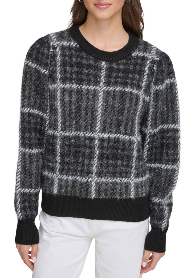 Womens Long Blouson Sleeve Plaid Sweater