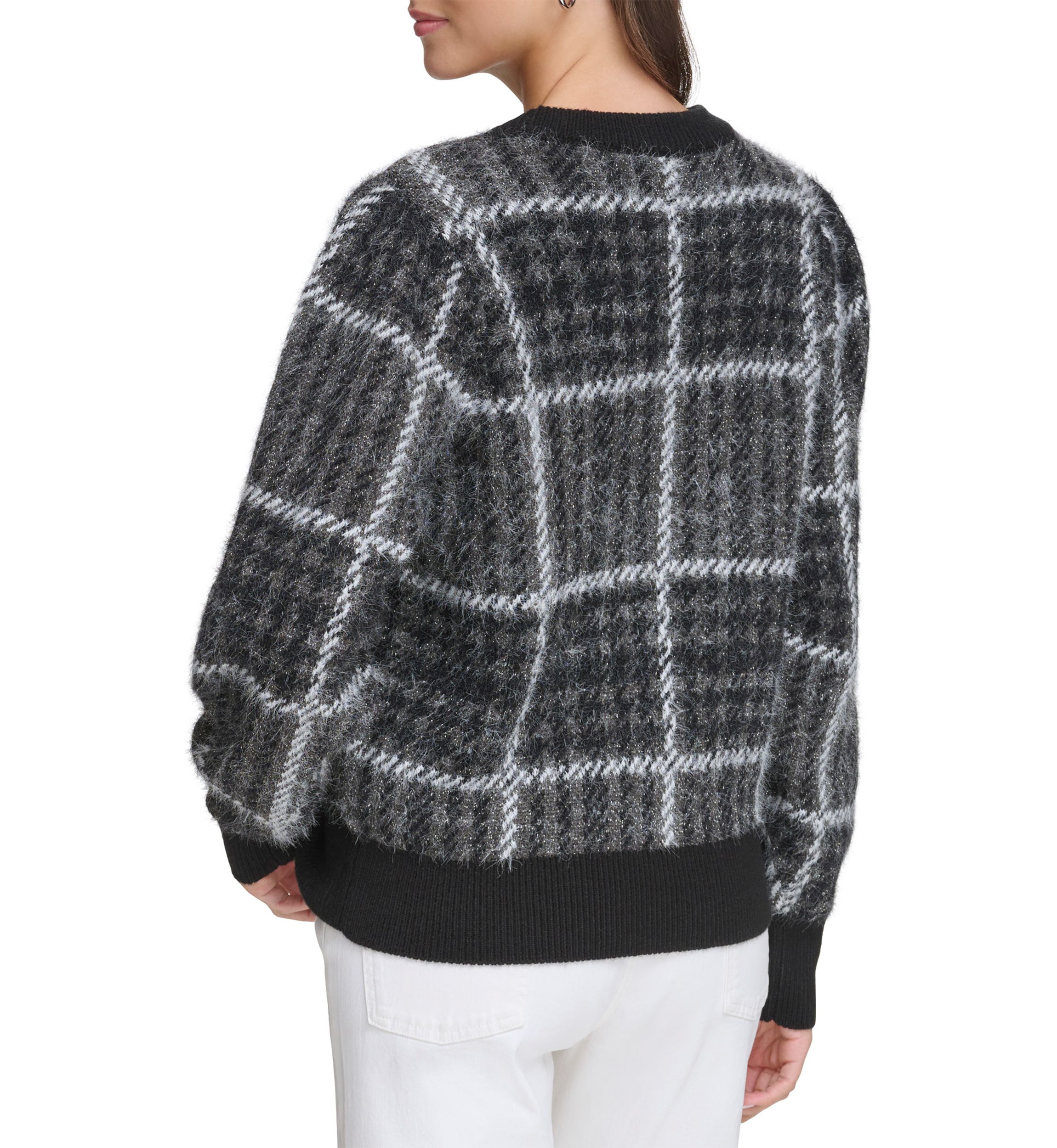 Womens Long Blouson Sleeve Plaid Sweater