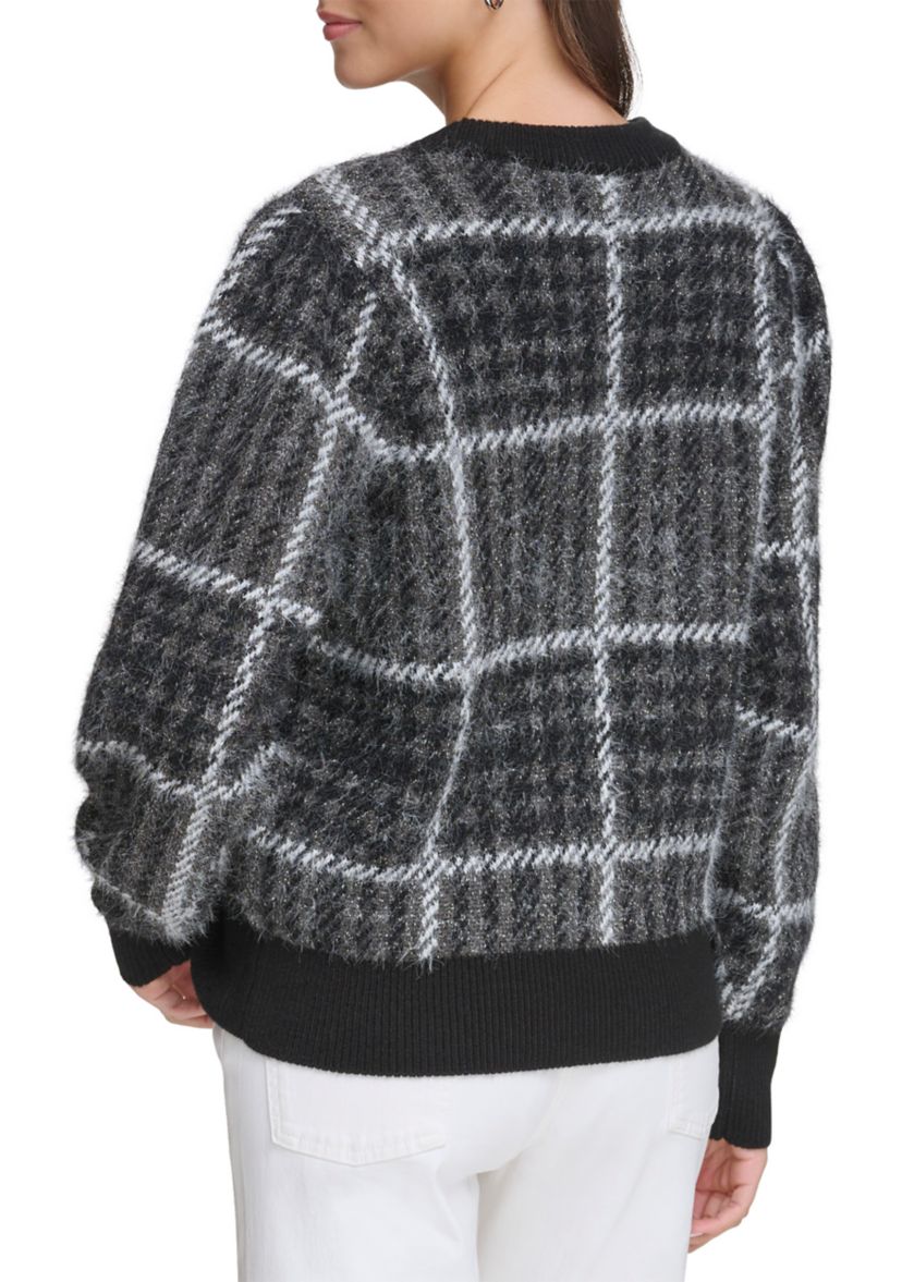 Womens Long Blouson Sleeve Plaid Sweater