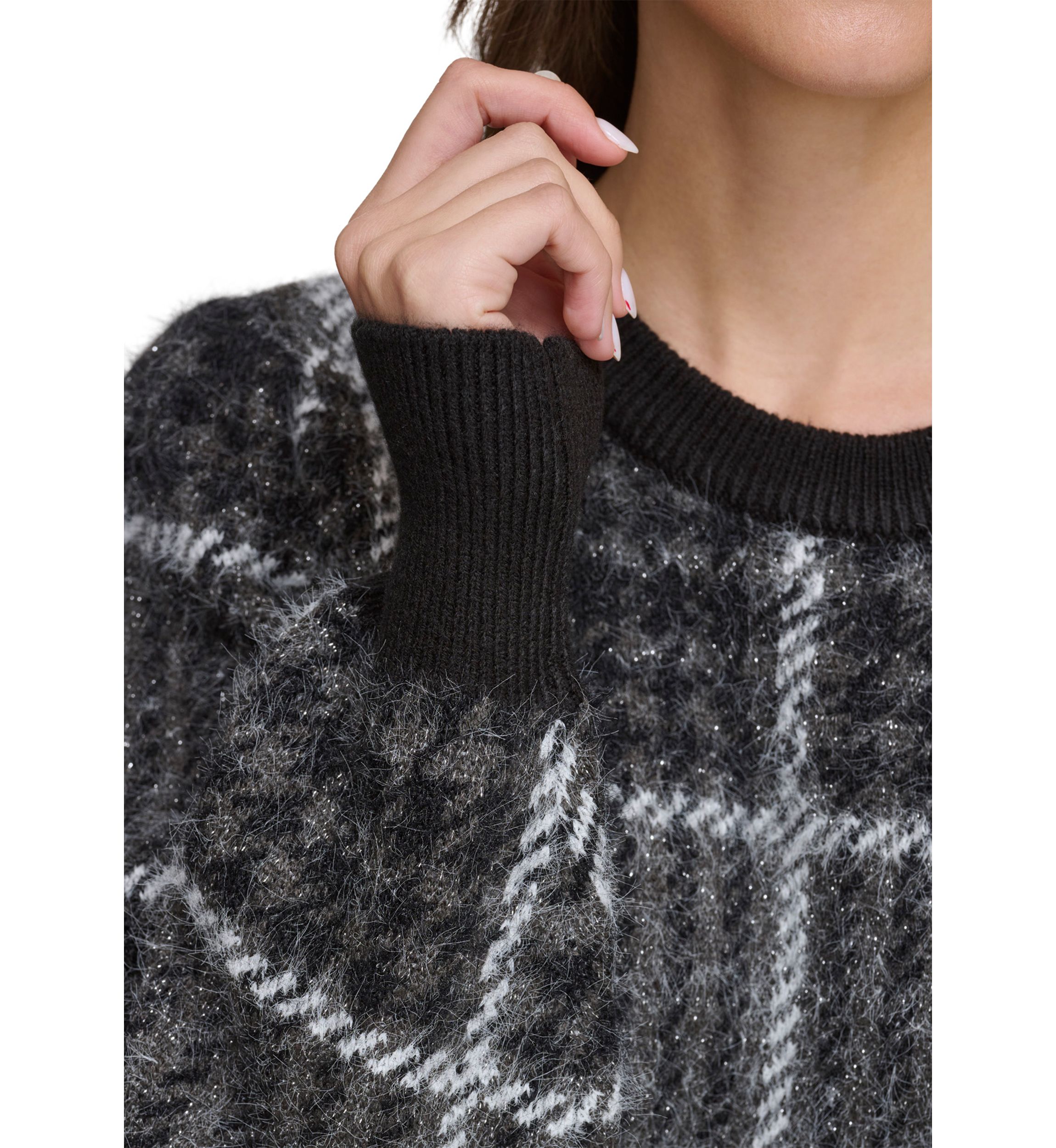 Womens Long Blouson Sleeve Plaid Sweater