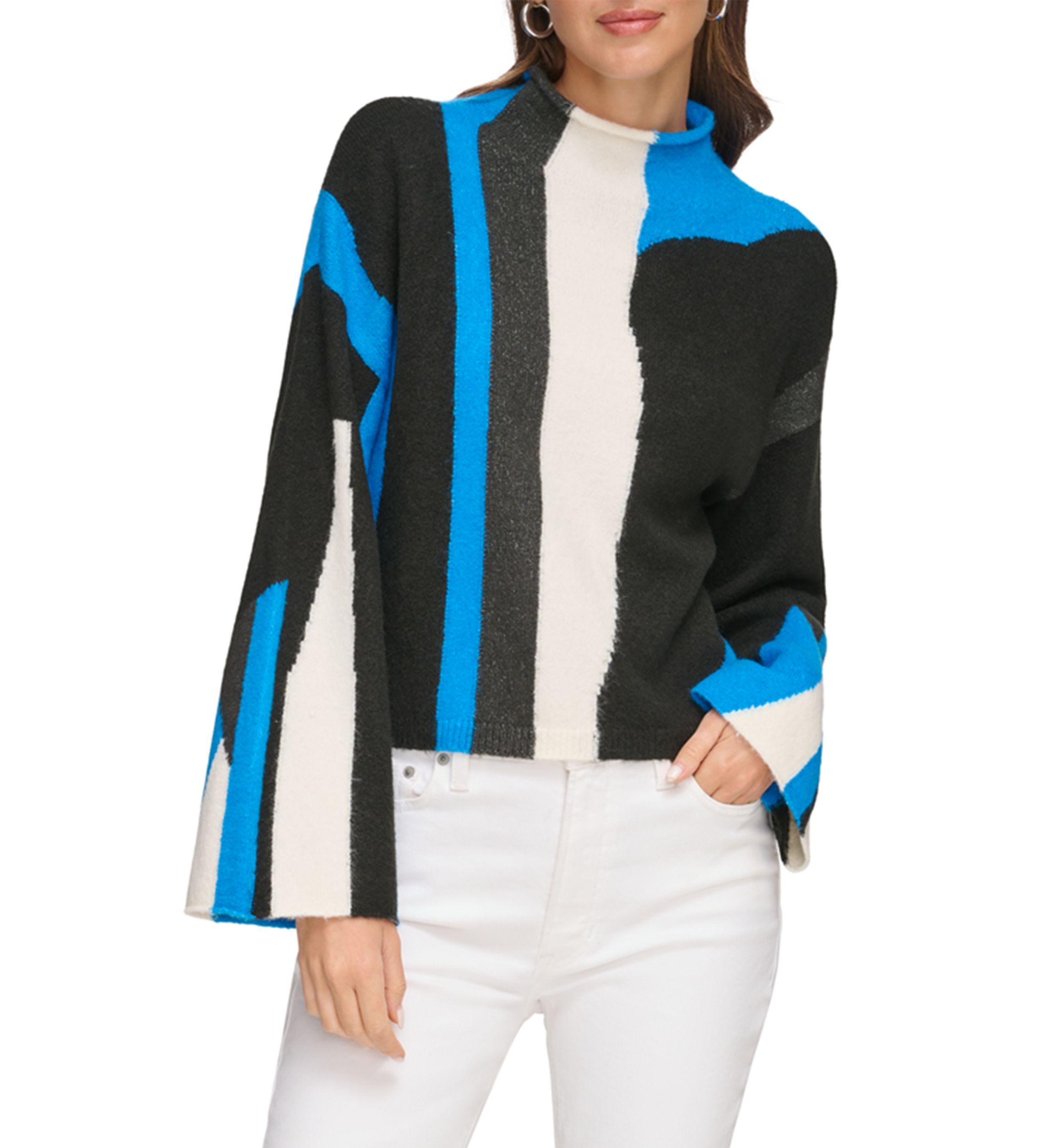 Womens Bell Sleeve Printed Mock Neck Sweater