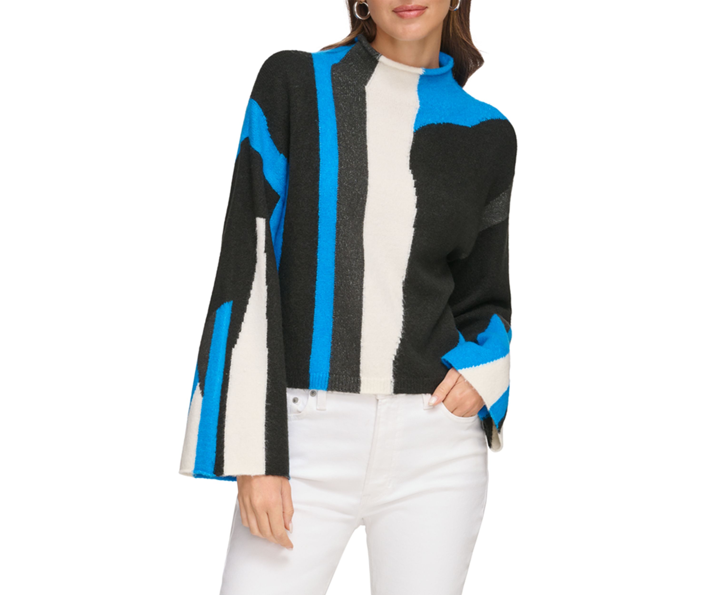 Womens Bell Sleeve Printed Mock Neck Sweater
