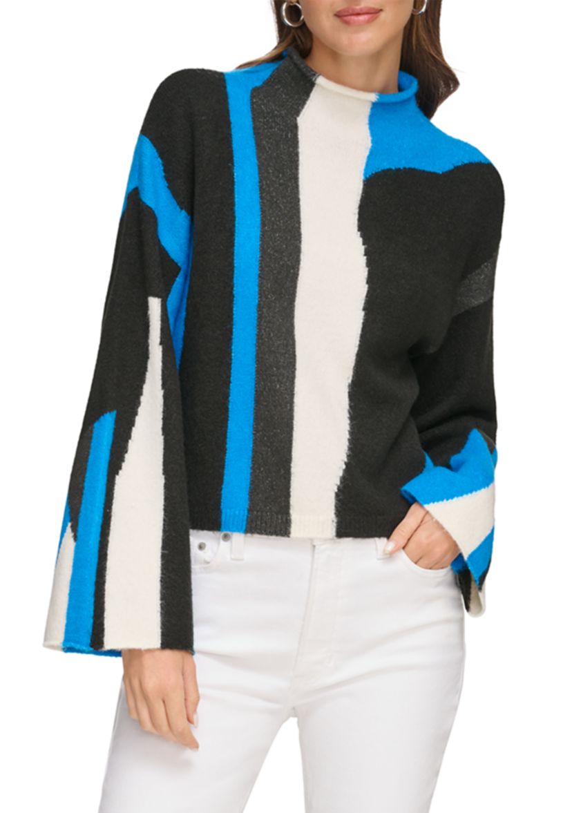 Womens Bell Sleeve Printed Mock Neck Sweater