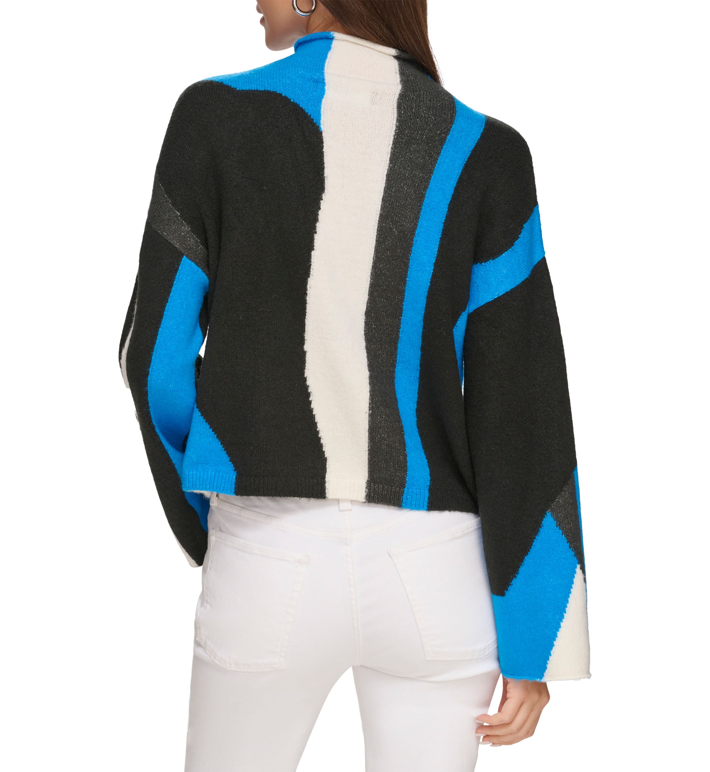 Womens Bell Sleeve Printed Mock Neck Sweater