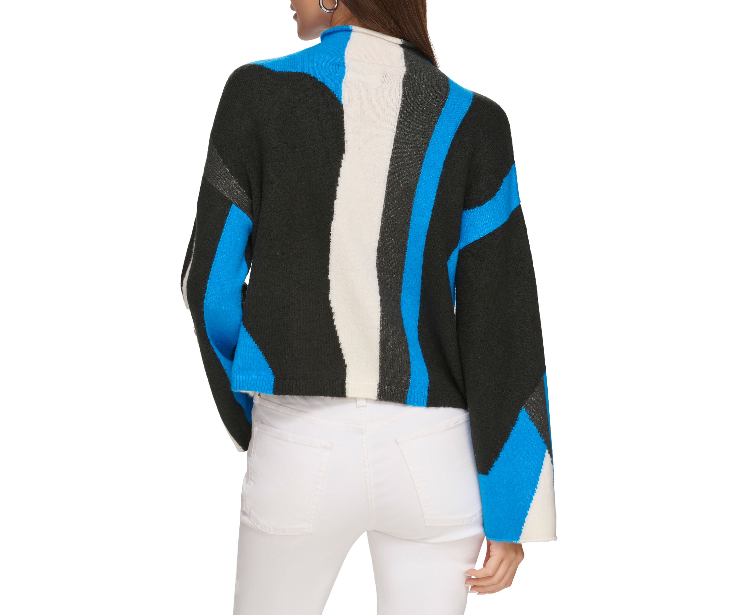 Womens Bell Sleeve Printed Mock Neck Sweater