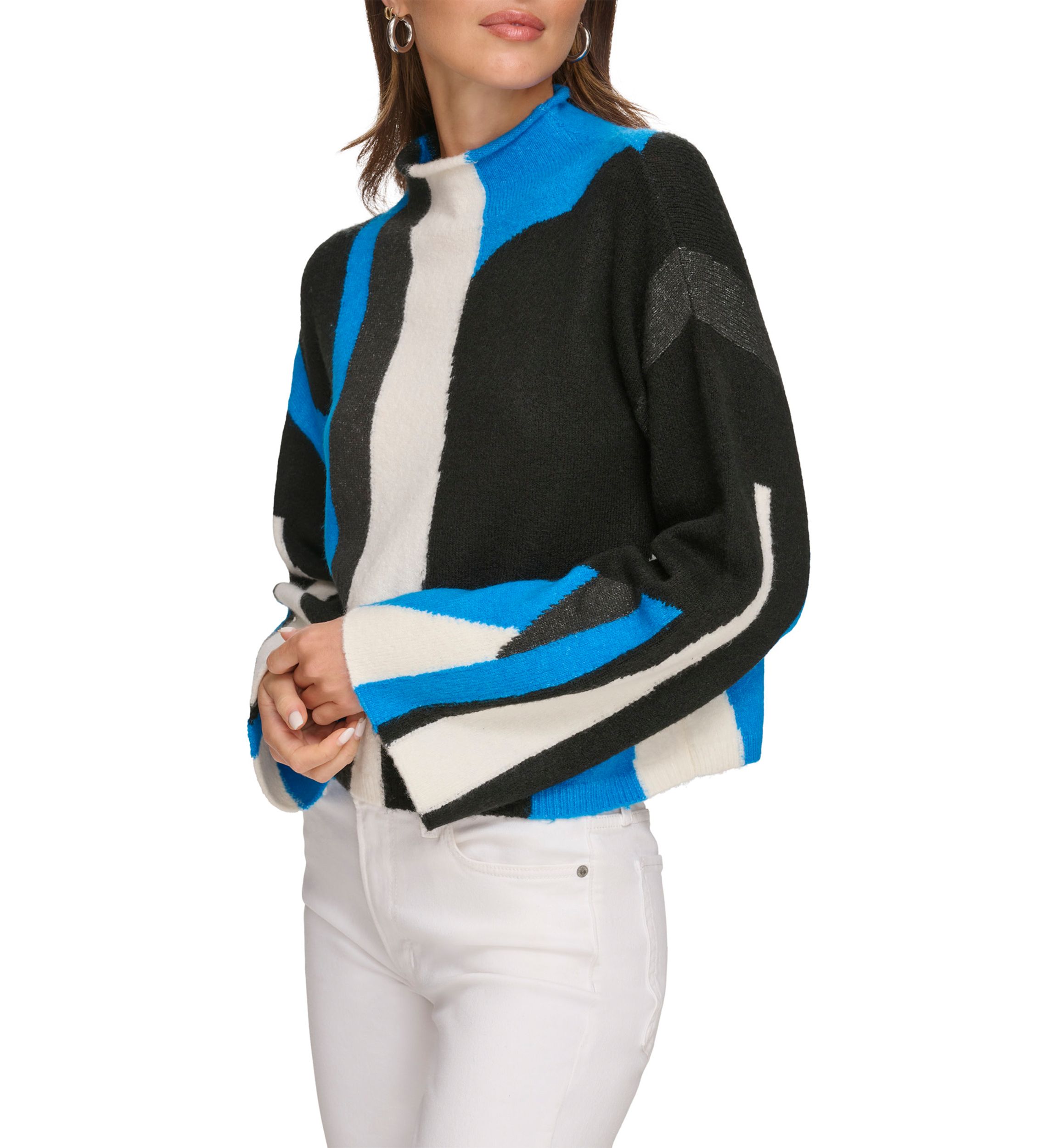 Womens Bell Sleeve Printed Mock Neck Sweater