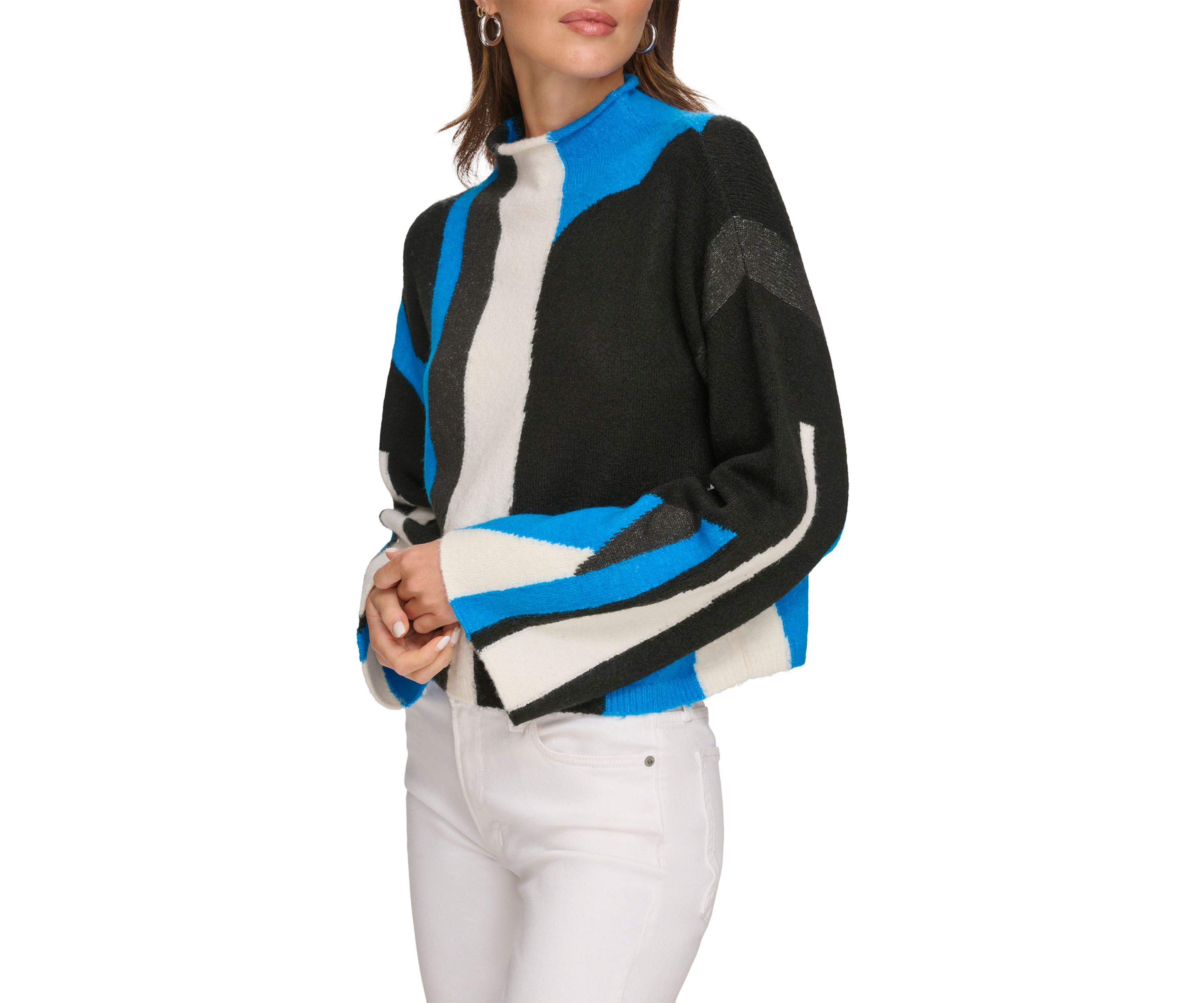 Womens Bell Sleeve Printed Mock Neck Sweater