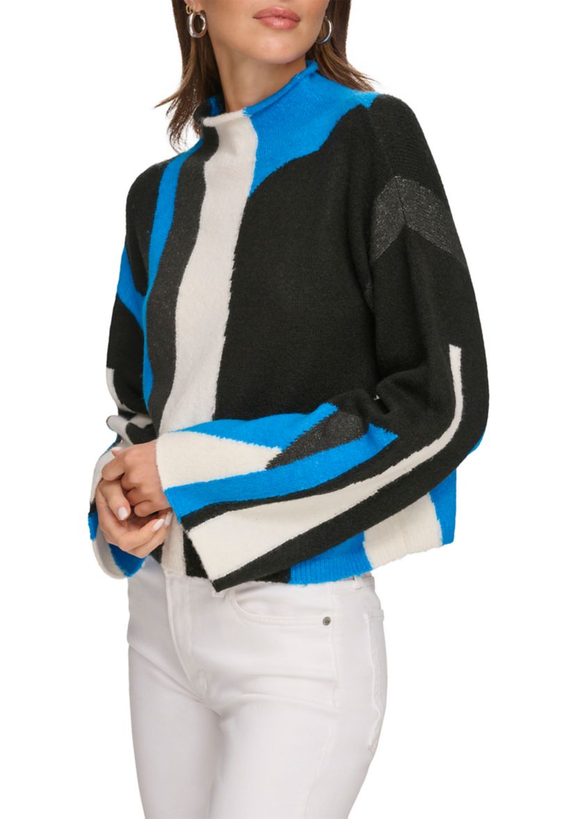 Womens Bell Sleeve Printed Mock Neck Sweater