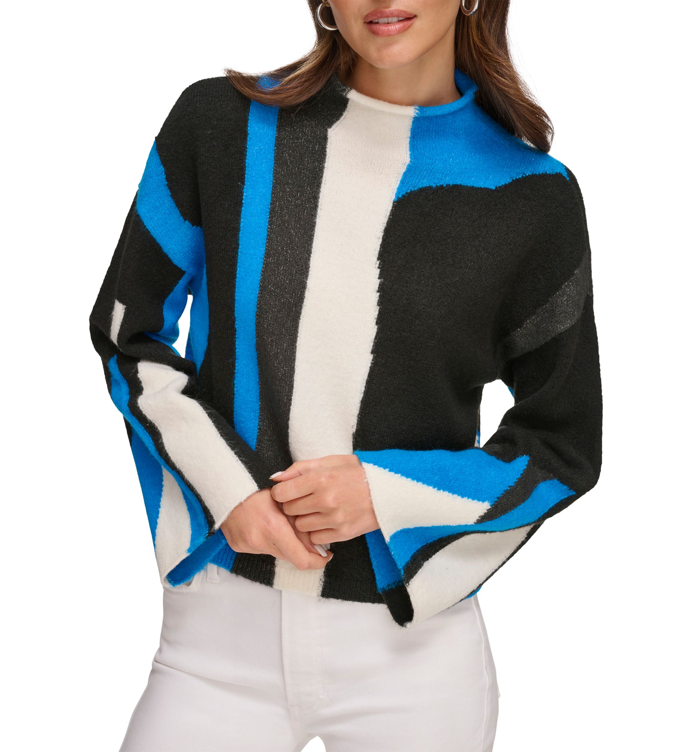 Womens Bell Sleeve Printed Mock Neck Sweater