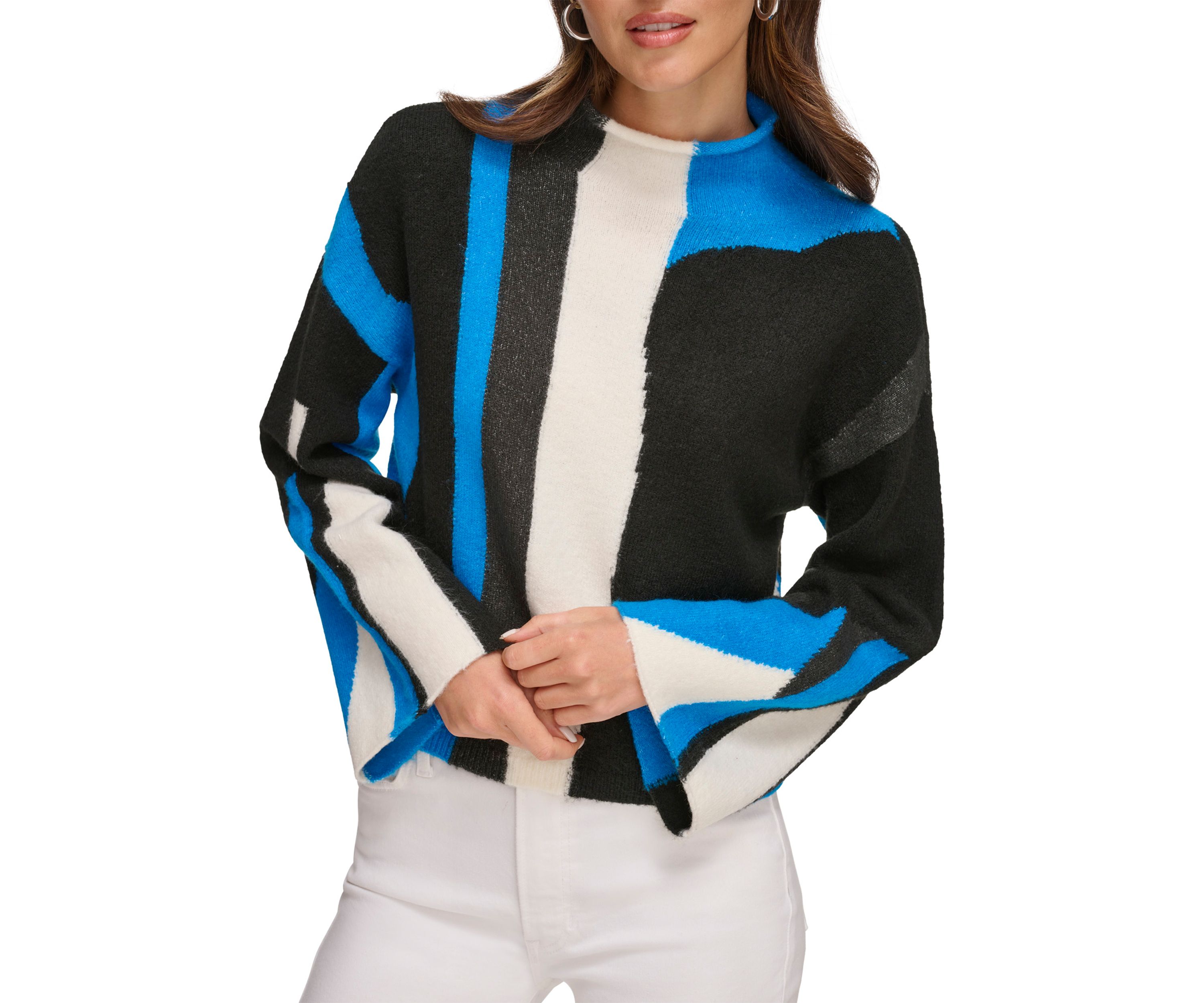 Womens Bell Sleeve Printed Mock Neck Sweater