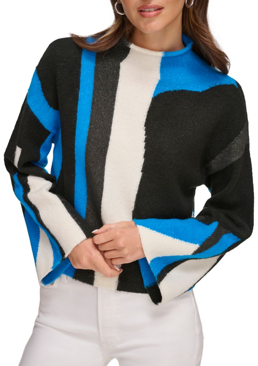 Womens Bell Sleeve Printed Mock Neck Sweater