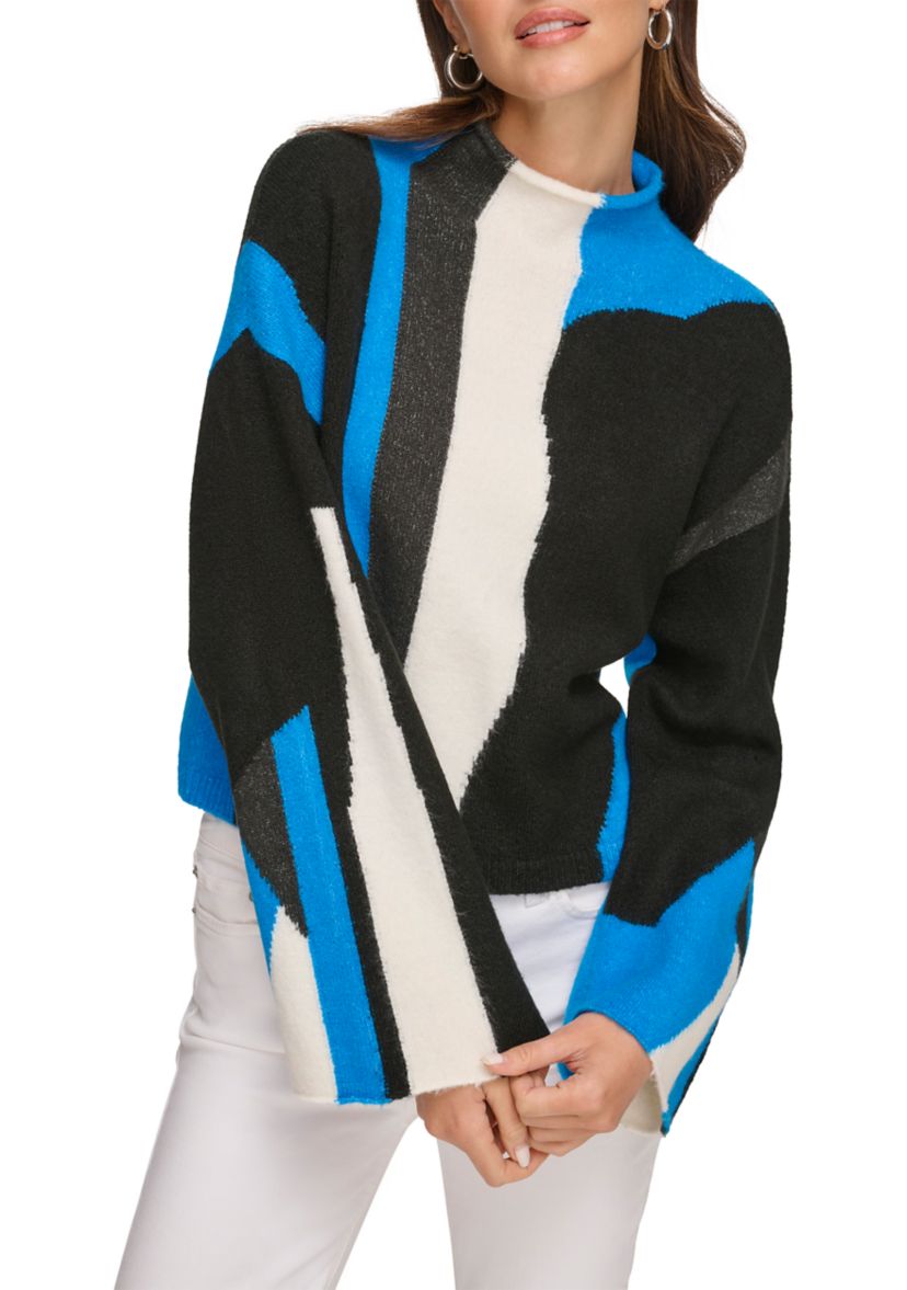 Womens Bell Sleeve Printed Mock Neck Sweater