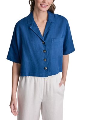 DKNY Women's Short Sleeve Notch Collar Linen Shirt, Small