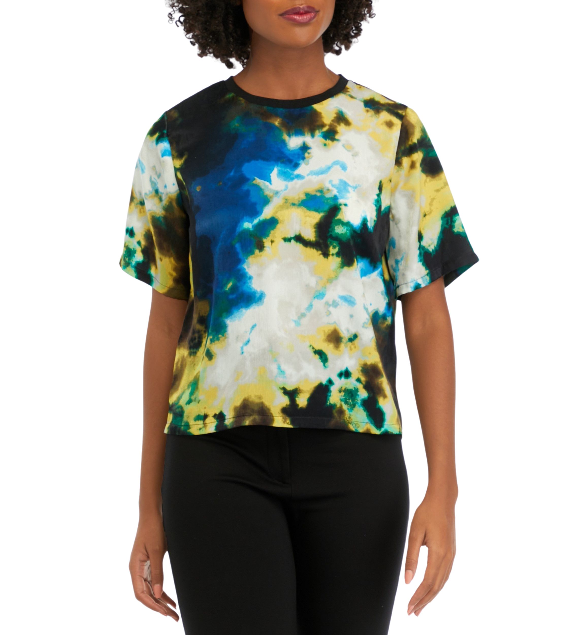 Womens Short Sleeve Cloud Printed Crew Neck Blouse