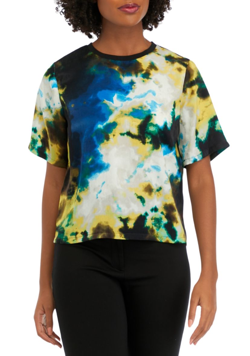 Womens Short Sleeve Cloud Printed Crew Neck Blouse