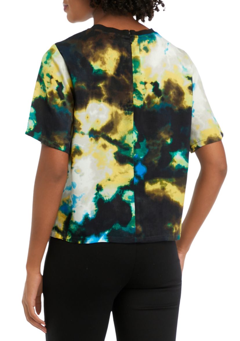 Womens Short Sleeve Cloud Printed Crew Neck Blouse