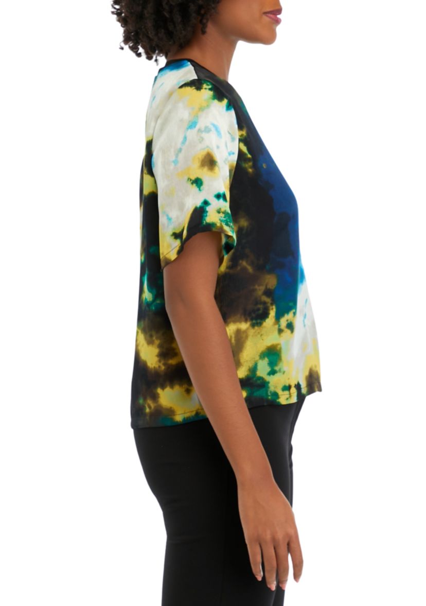 Womens Short Sleeve Cloud Printed Crew Neck Blouse