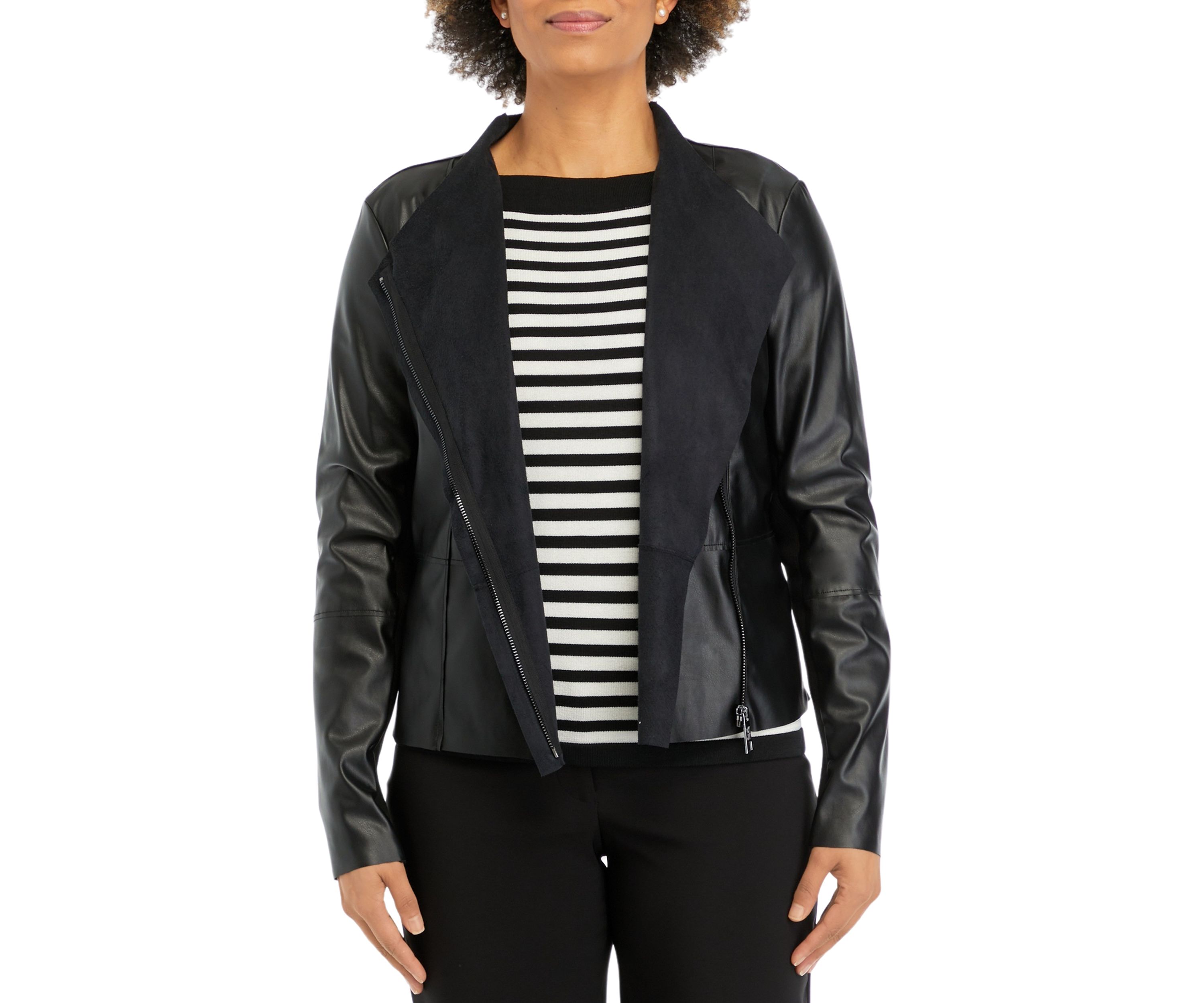Womens Drape Front Knit Vegan Leather Jacket