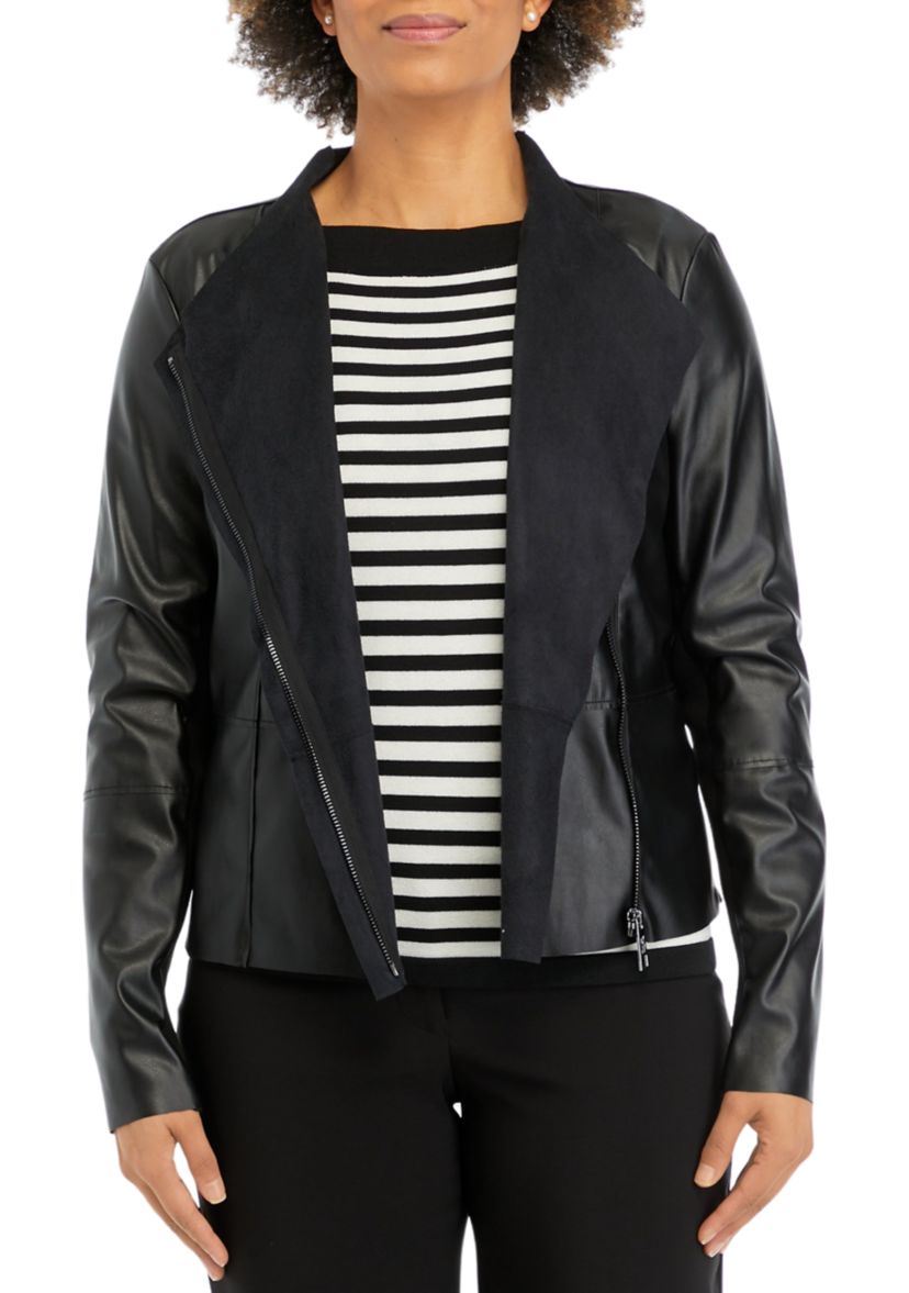 Womens Drape Front Knit Vegan Leather Jacket