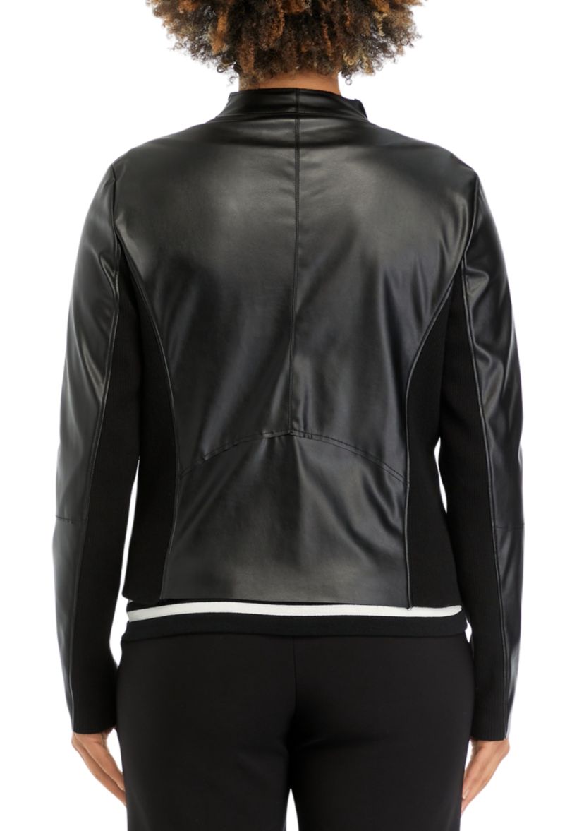 Womens Drape Front Knit Vegan Leather Jacket