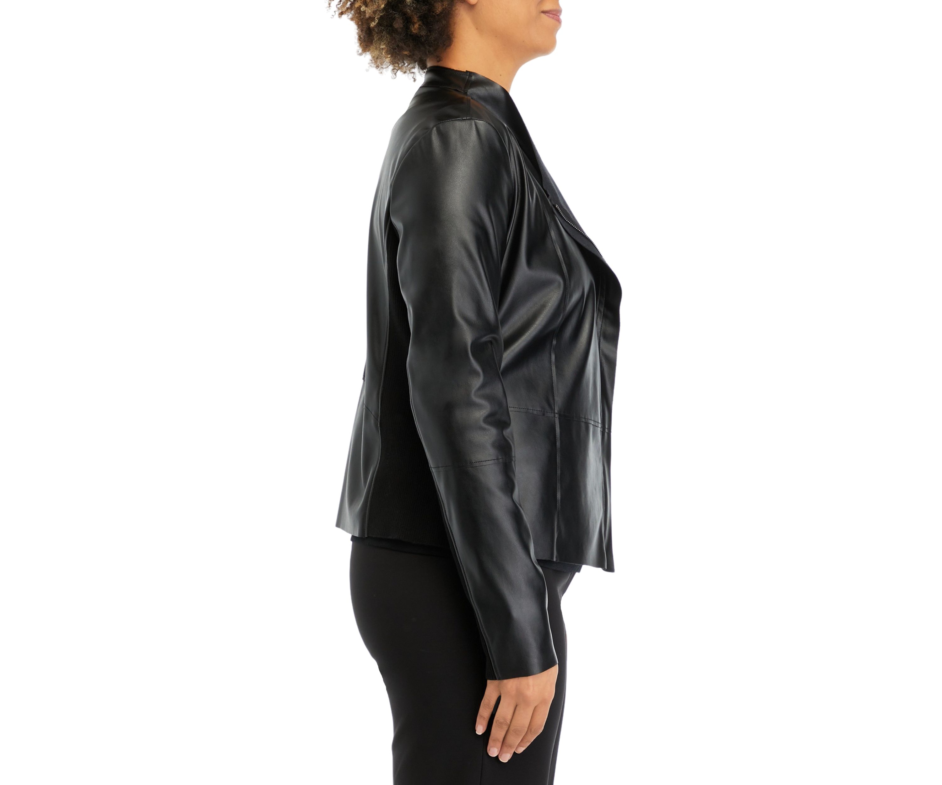 Womens Drape Front Knit Vegan Leather Jacket
