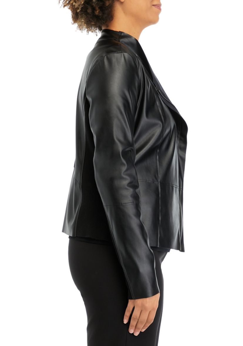 Womens Drape Front Knit Vegan Leather Jacket